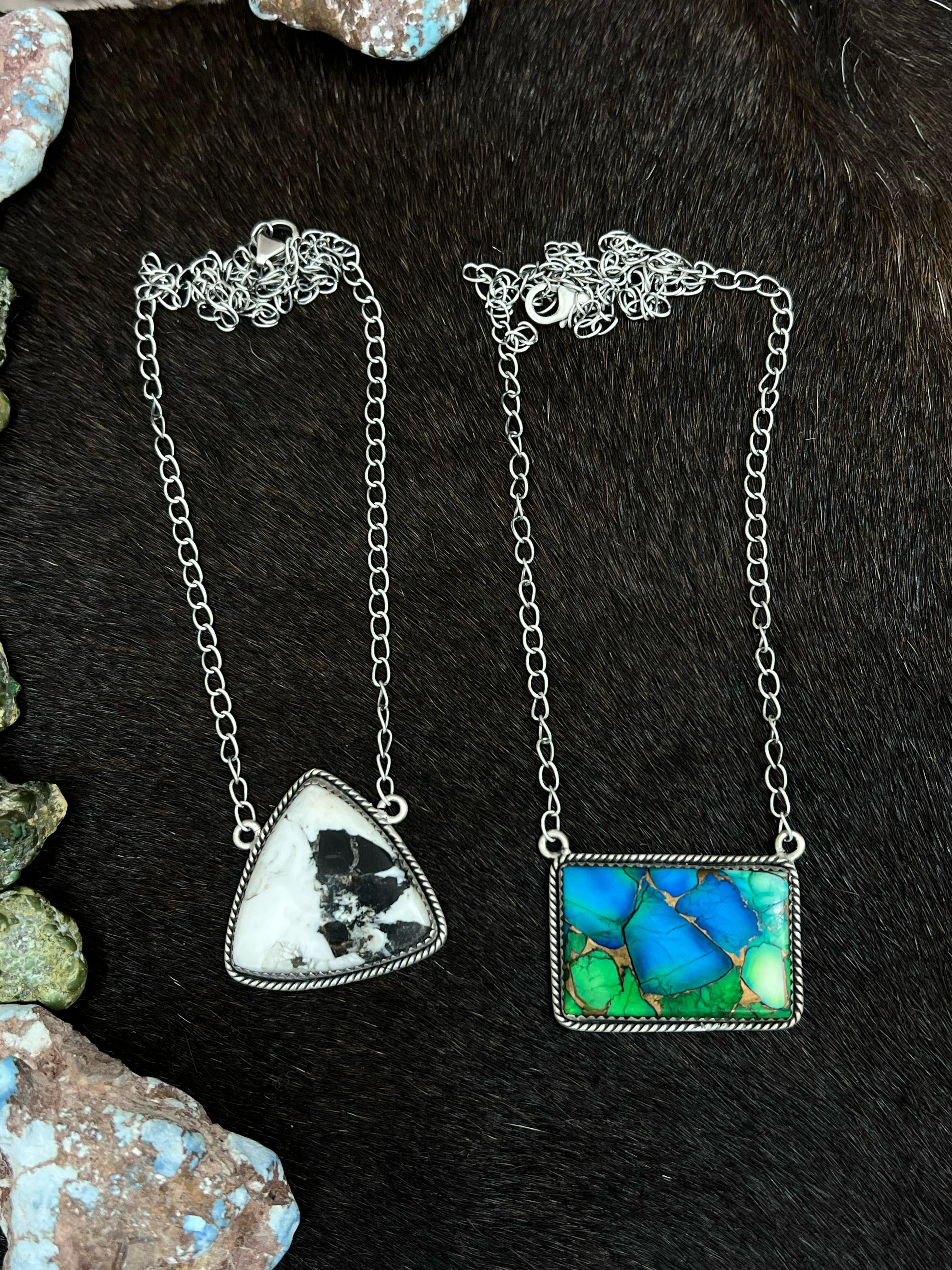 Handmade Sterling Silver Peacock Dahlia, White Buffalo Turquoise Necklace with Signed Nizhoni