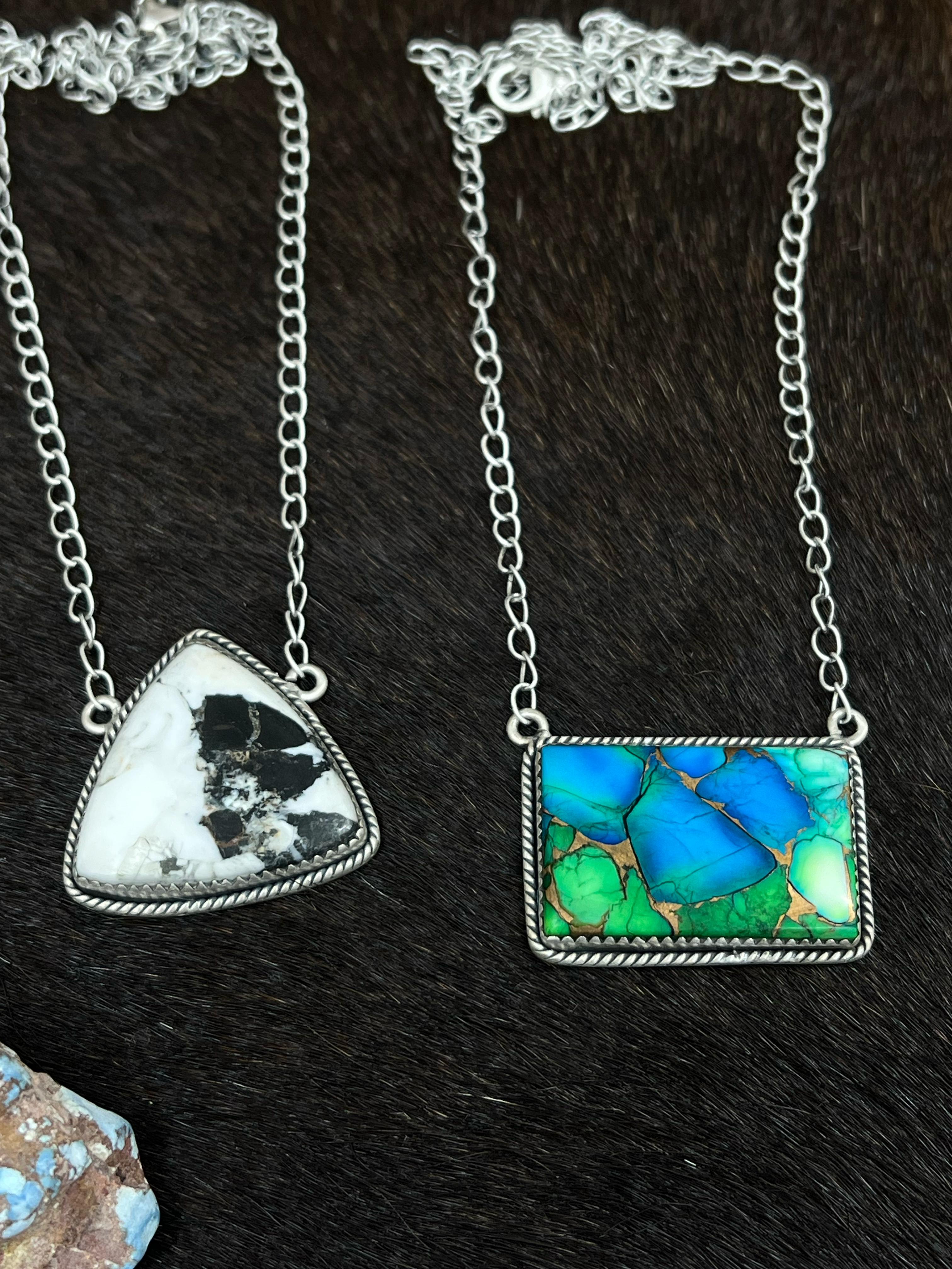 Handmade Sterling Silver Peacock Dahlia, White Buffalo Turquoise Necklace with Signed Nizhoni