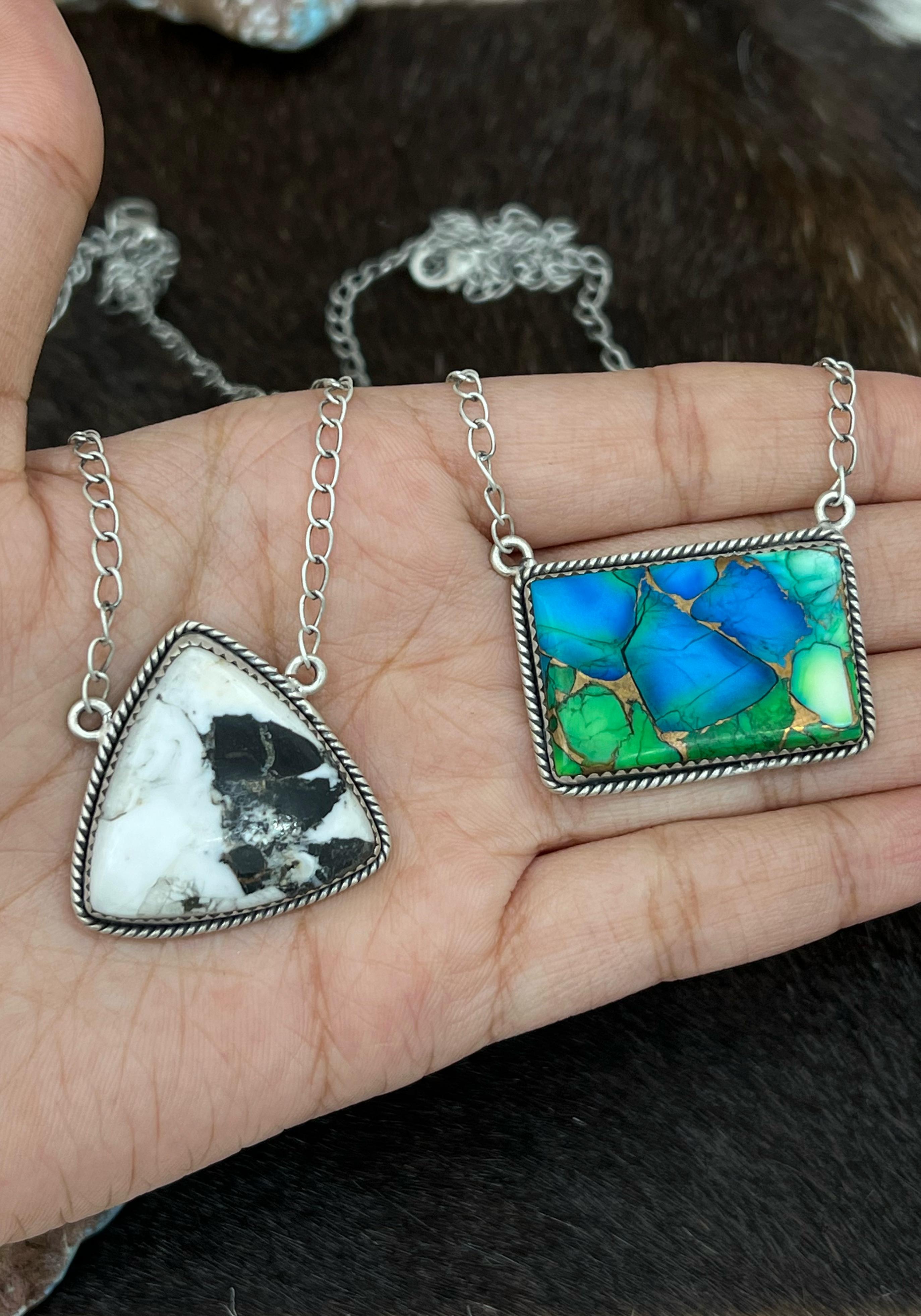 Handmade Sterling Silver Peacock Dahlia, White Buffalo Turquoise Necklace with Signed Nizhoni