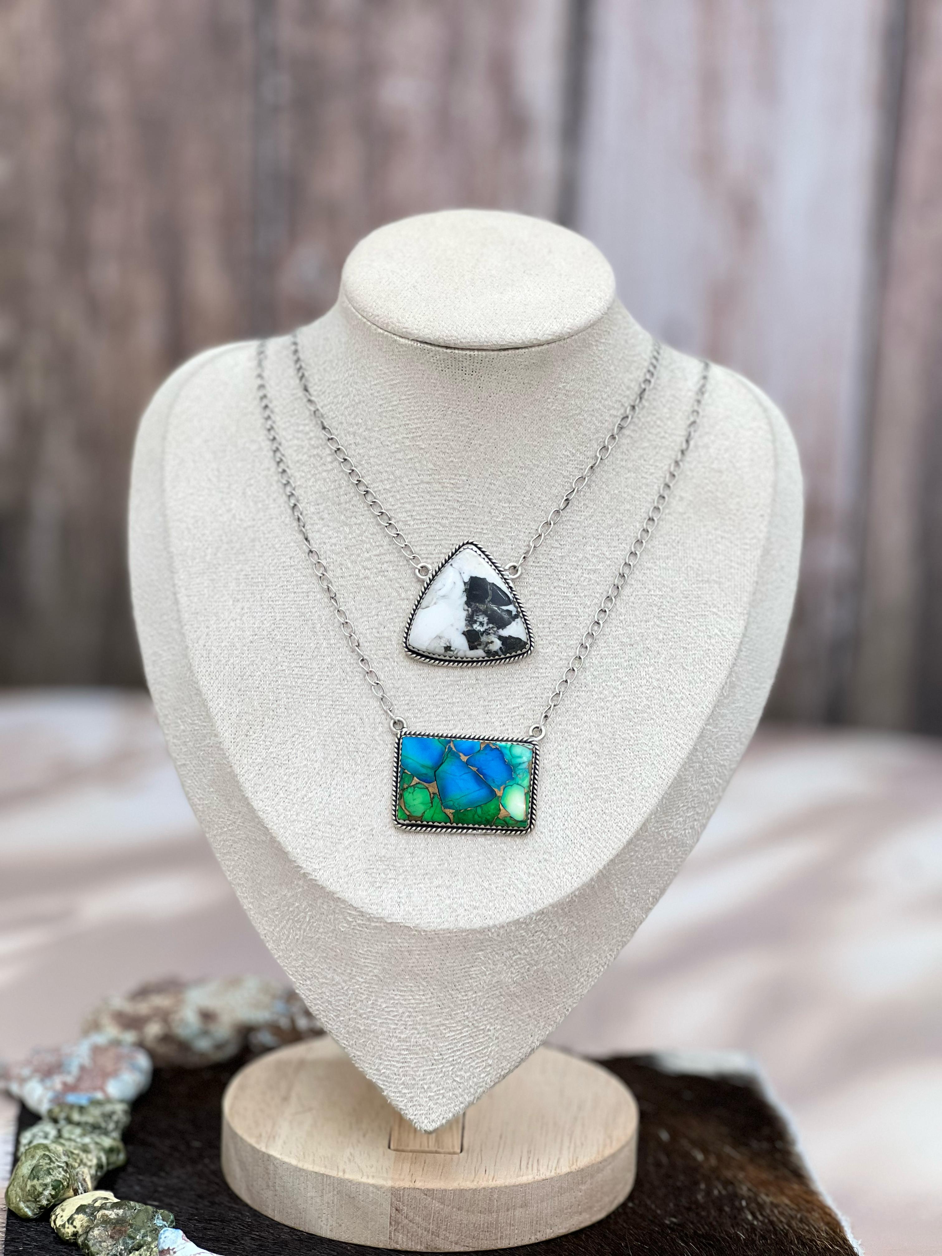 Handmade Sterling Silver Peacock Dahlia, White Buffalo Turquoise Necklace with Signed Nizhoni