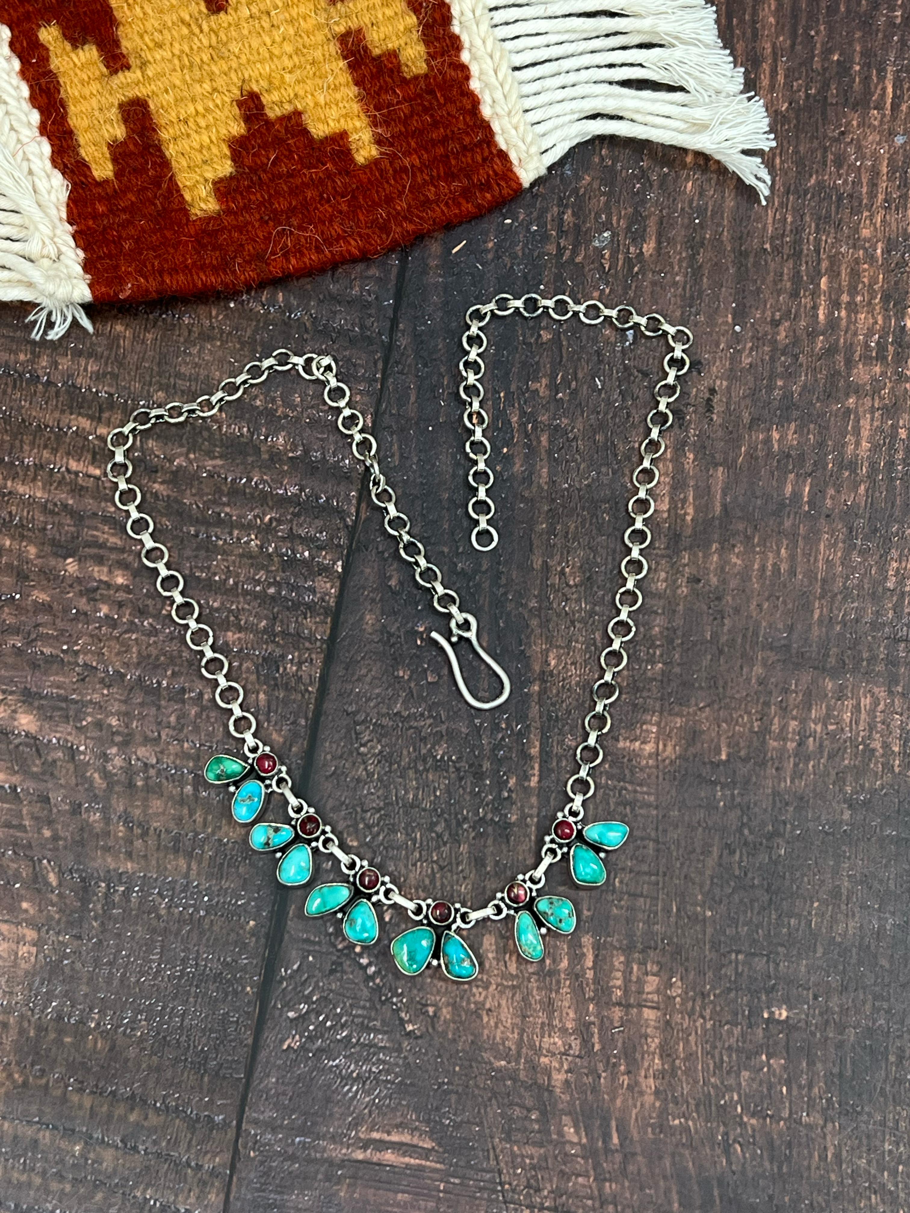 Handmade Sterling Silver Dahlia Rose with Emerald Valley Turquoise Necklace, Signed Nizhoni