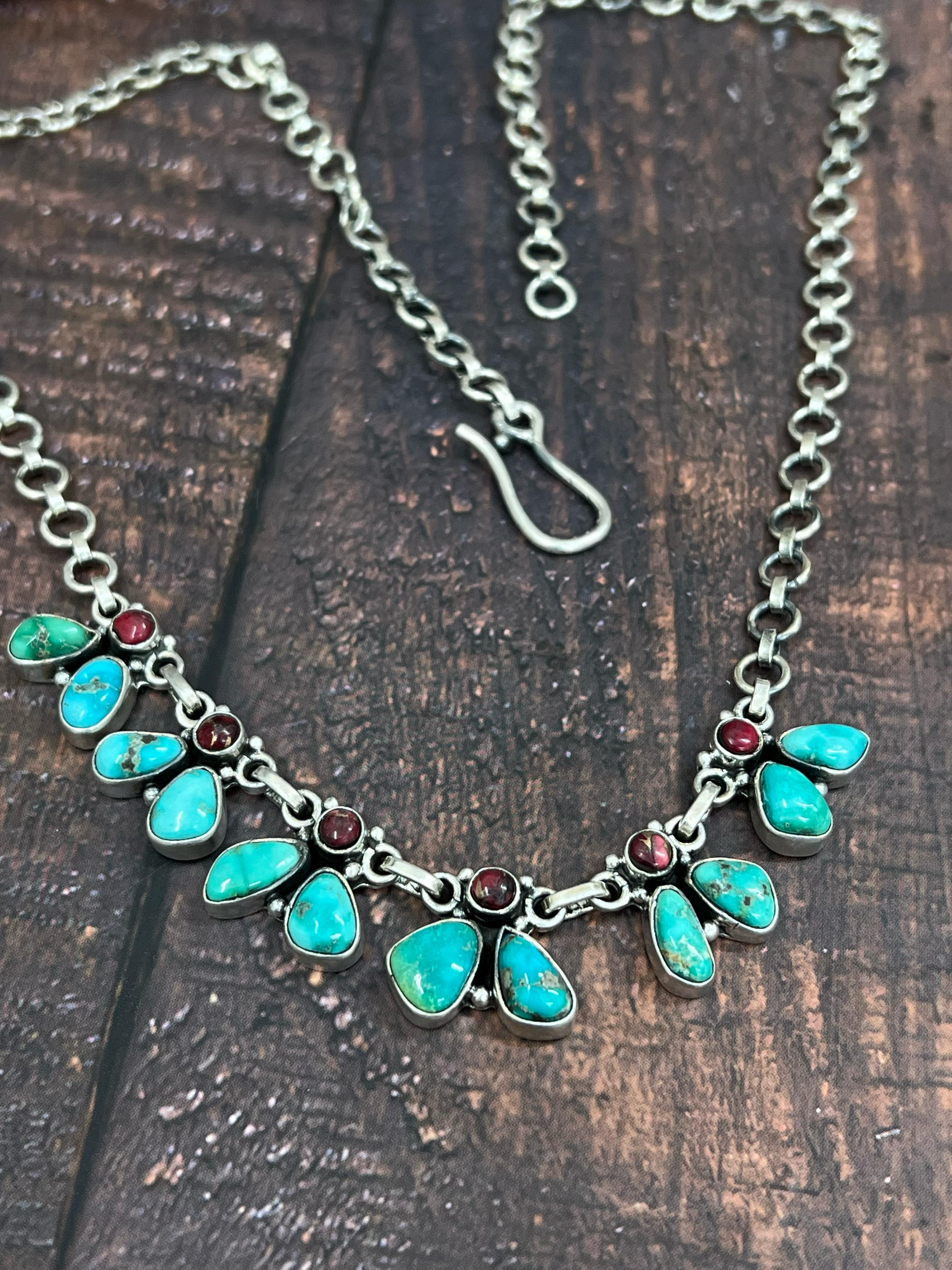 Handmade Sterling Silver Dahlia Rose with Emerald Valley Turquoise Necklace, Signed Nizhoni