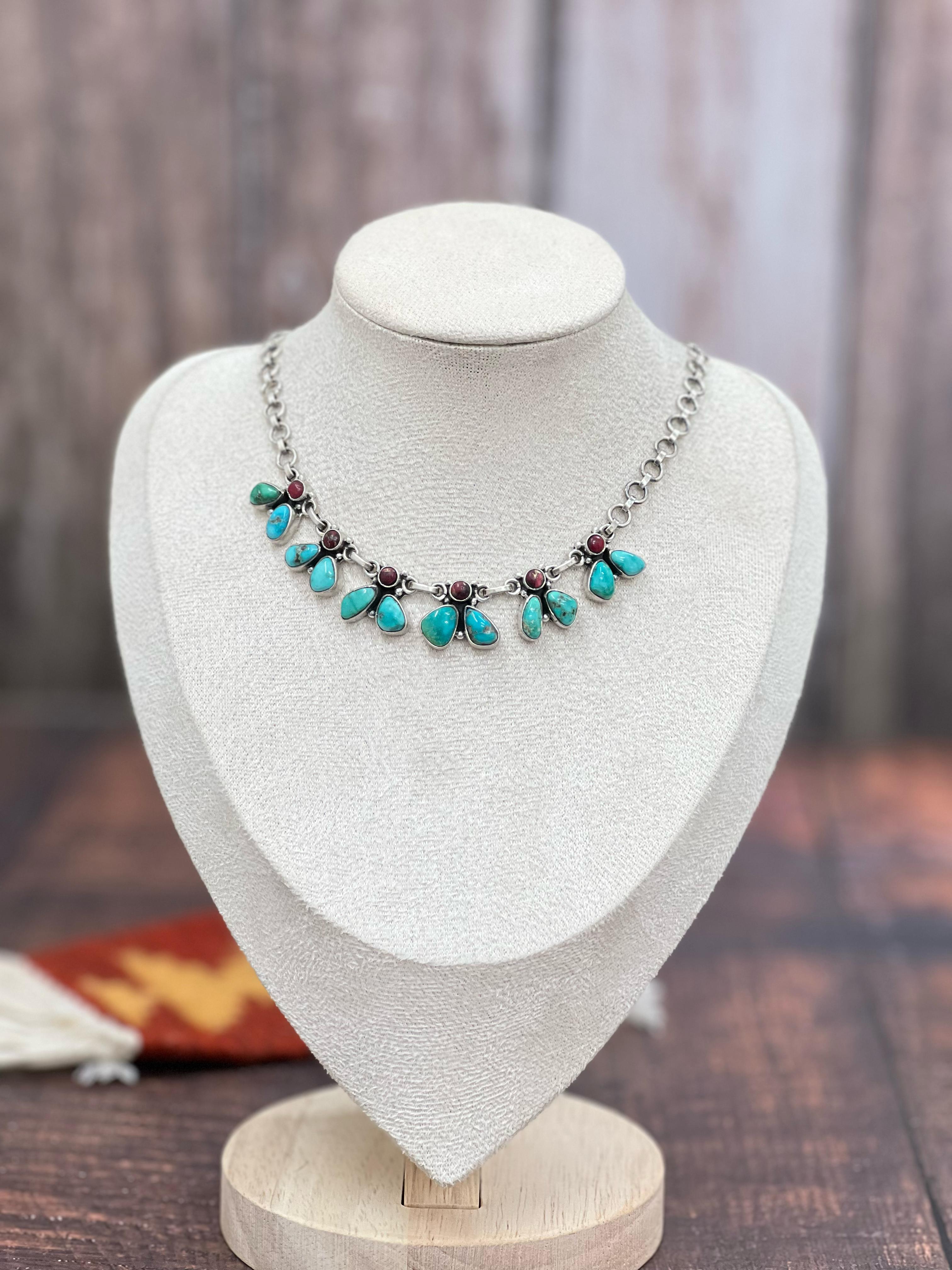 Handmade Sterling Silver Dahlia Rose with Emerald Valley Turquoise Necklace, Signed Nizhoni