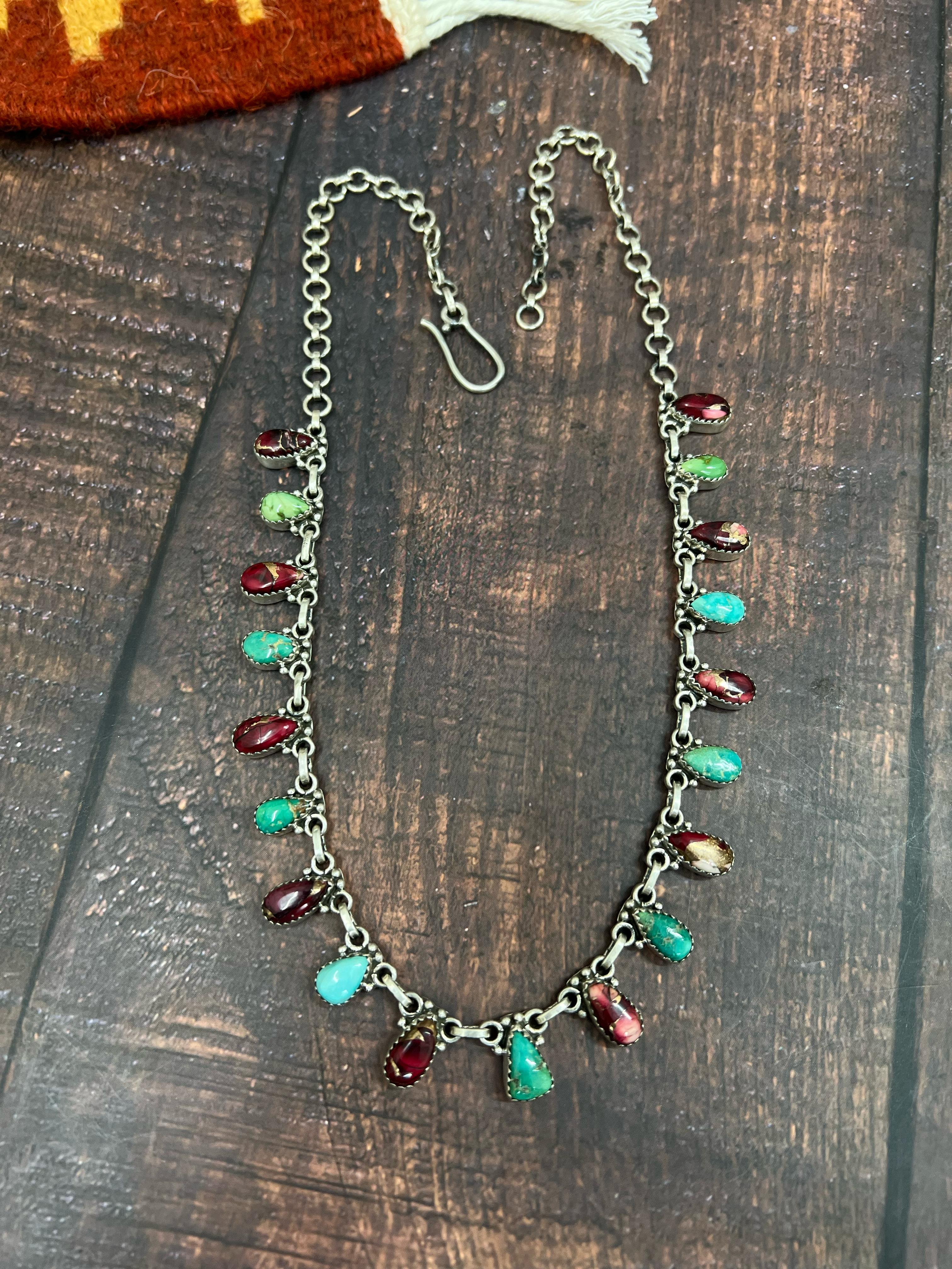 Handmade Sterling Silver Dahlia Rose with Emerald Valley Turquoise Necklace, Signed Nizhoni