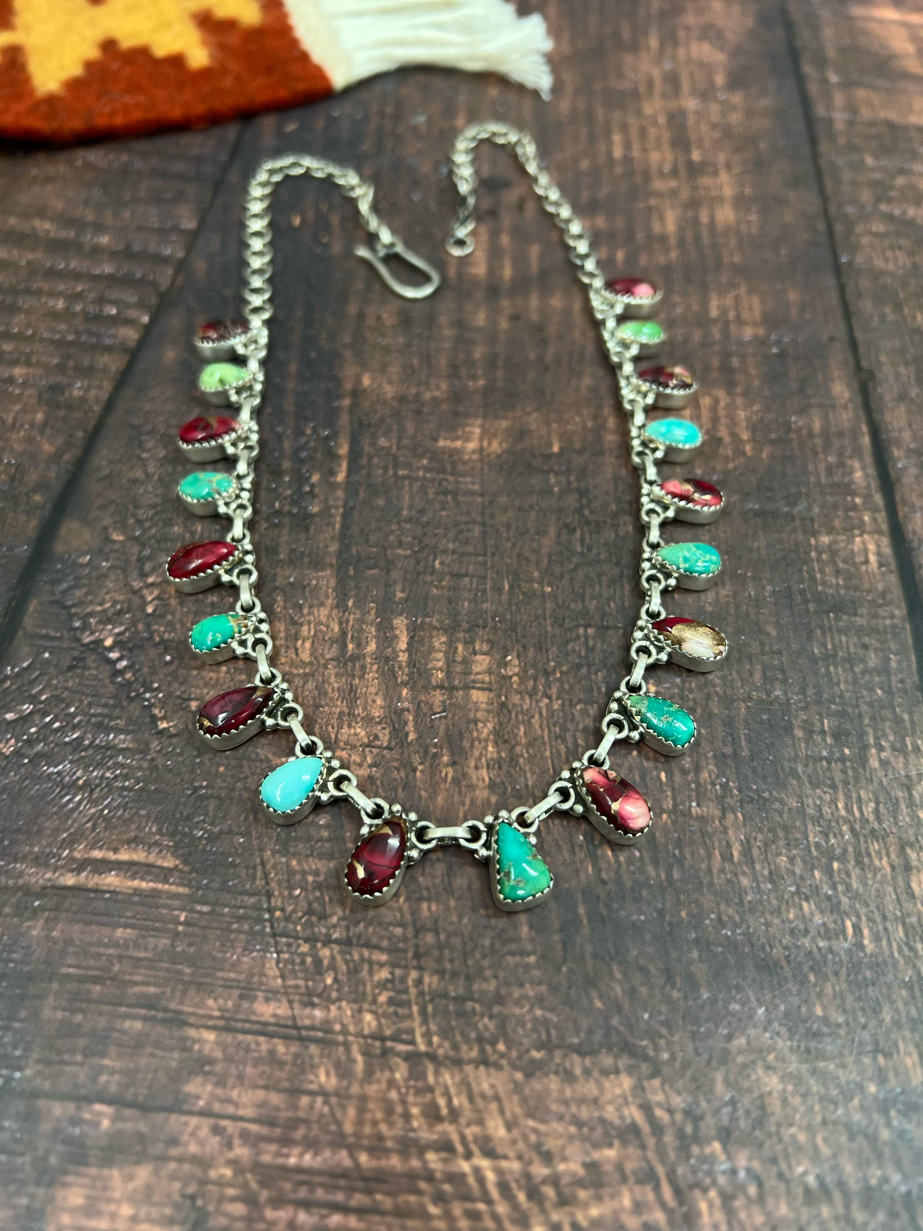 Handmade Sterling Silver Dahlia Rose with Emerald Valley Turquoise Necklace, Signed Nizhoni