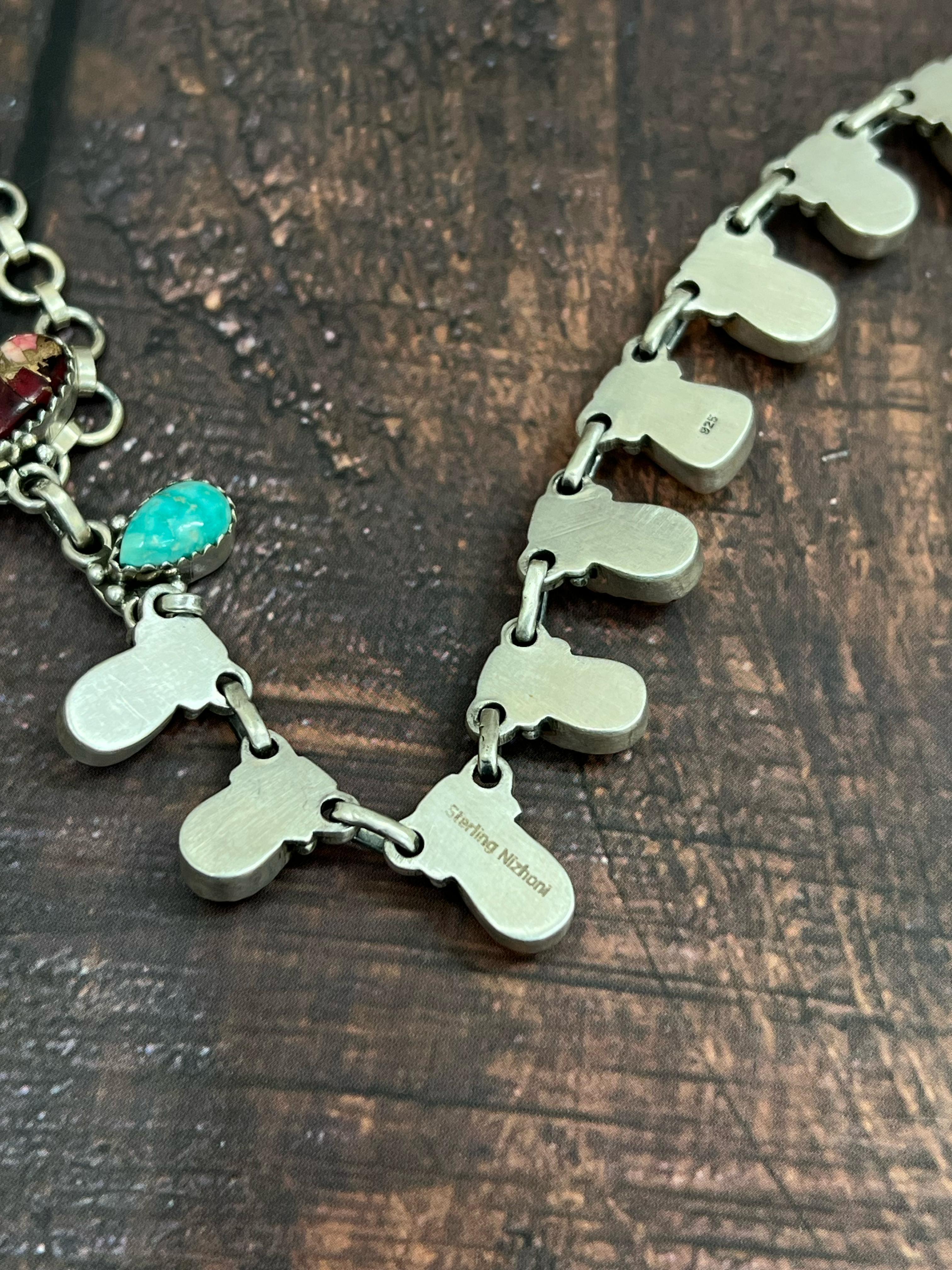 Handmade Sterling Silver Dahlia Rose with Emerald Valley Turquoise Necklace, Signed Nizhoni