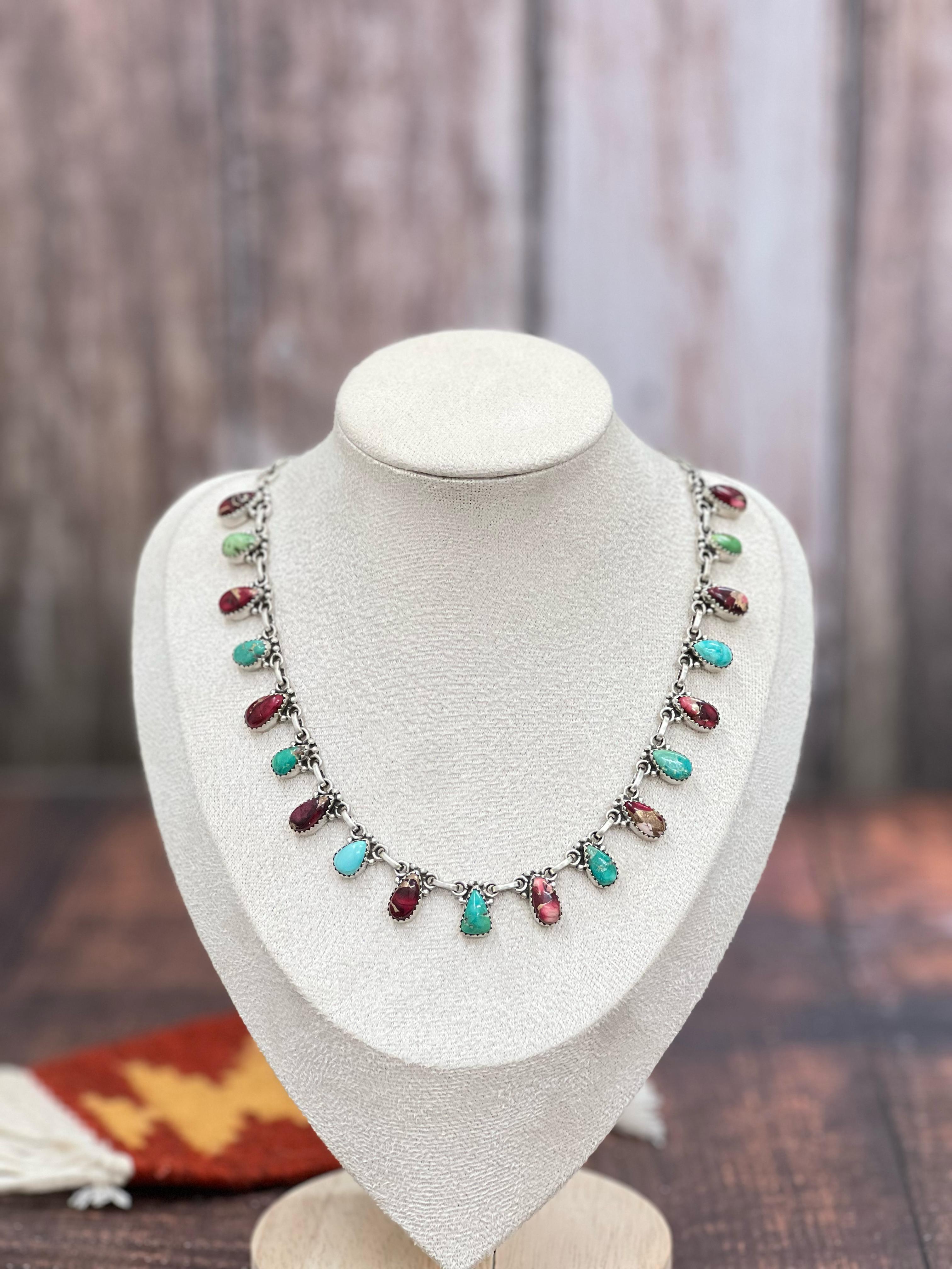 Handmade Sterling Silver Dahlia Rose with Emerald Valley Turquoise Necklace, Signed Nizhoni