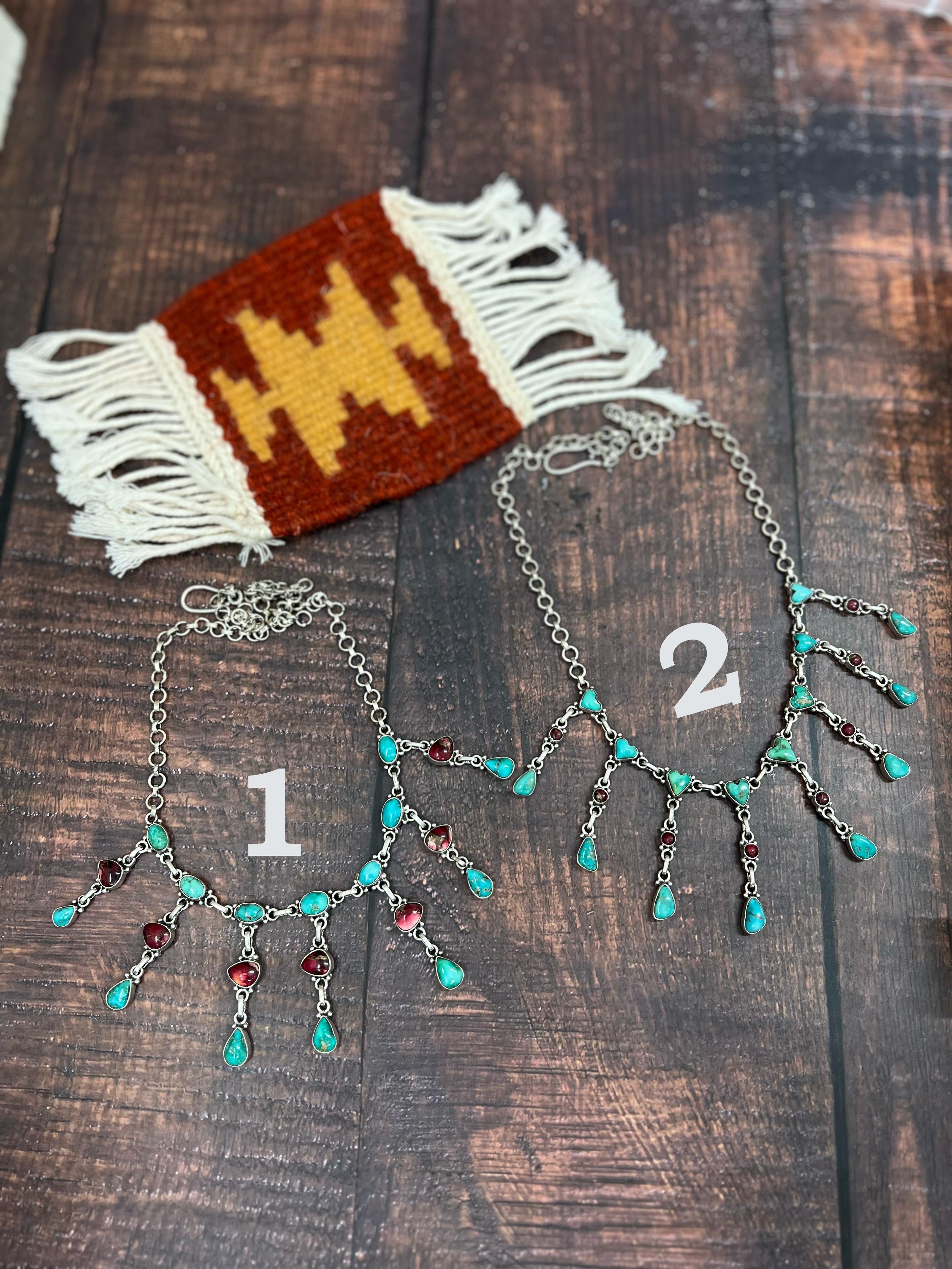 Handmade Sterling Silver Dahlia Rose with Emerald Valley Turquoise Necklace with Signed Nizhoni