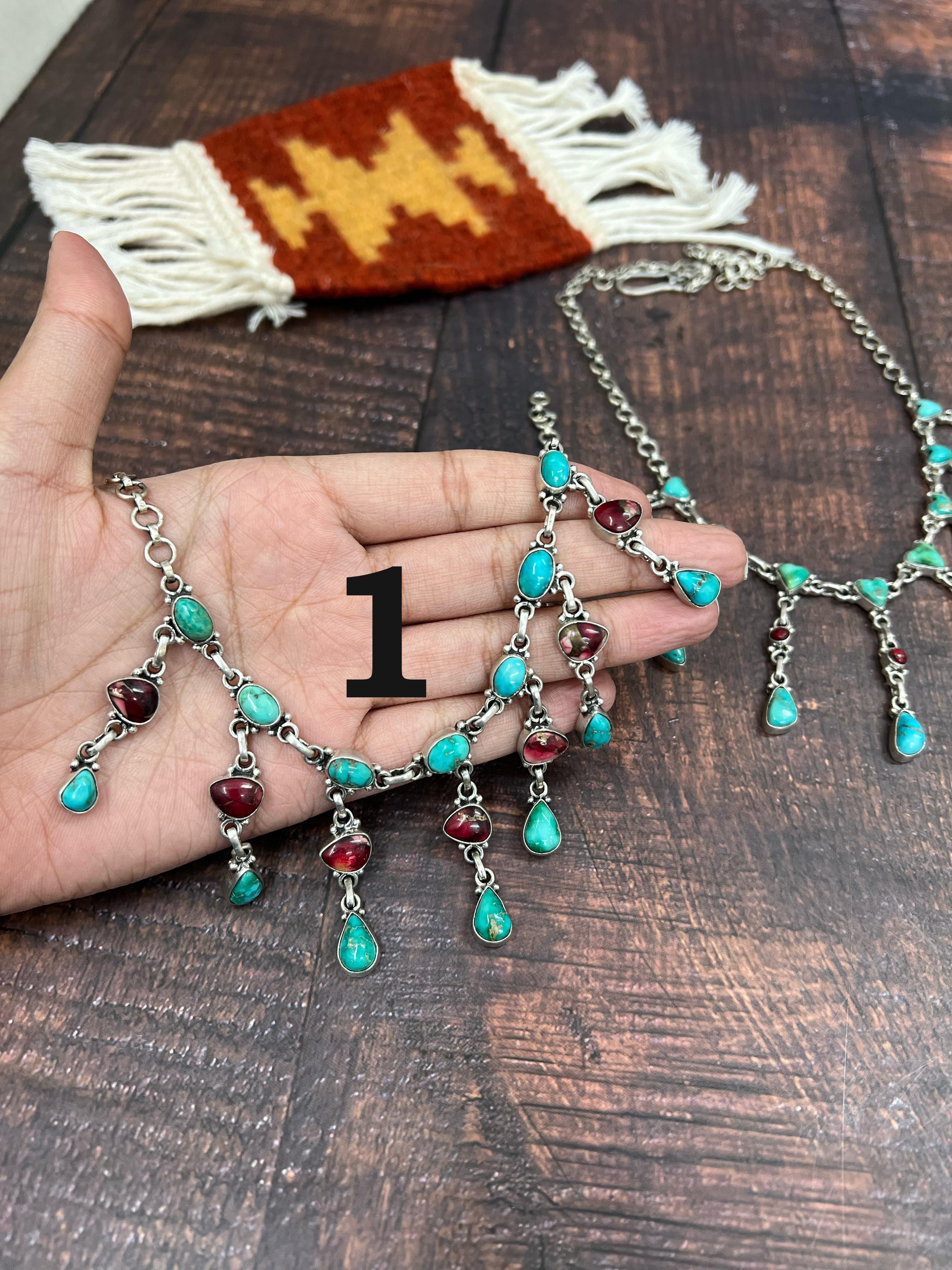 Handmade Sterling Silver Dahlia Rose with Emerald Valley Turquoise Necklace with Signed Nizhoni