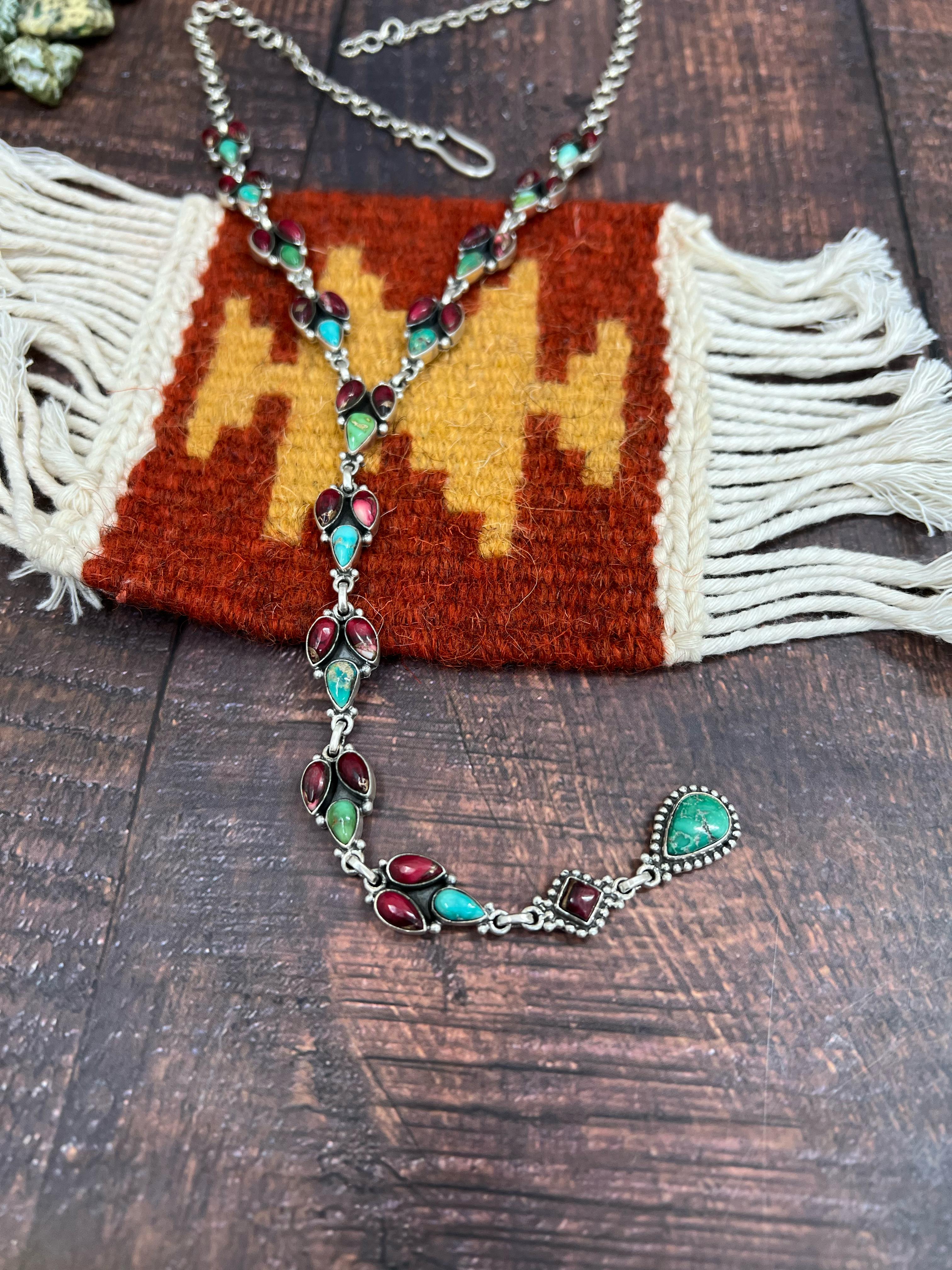 Handmade Sterling Silver Dahlia Rose with Emerald Valley Turquoise Necklace, Signed Nizhoni