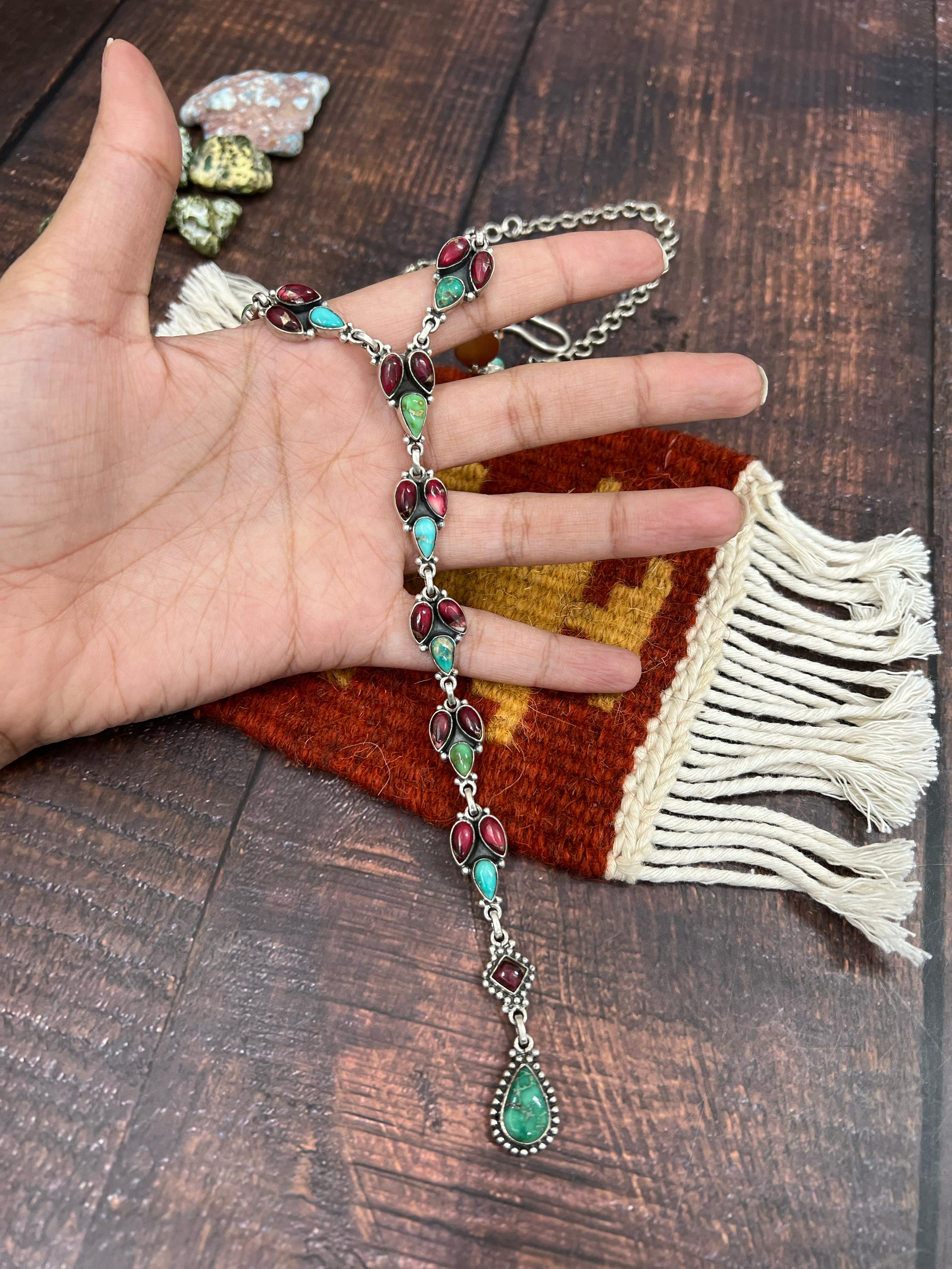 Handmade Sterling Silver Dahlia Rose with Emerald Valley Turquoise Necklace, Signed Nizhoni