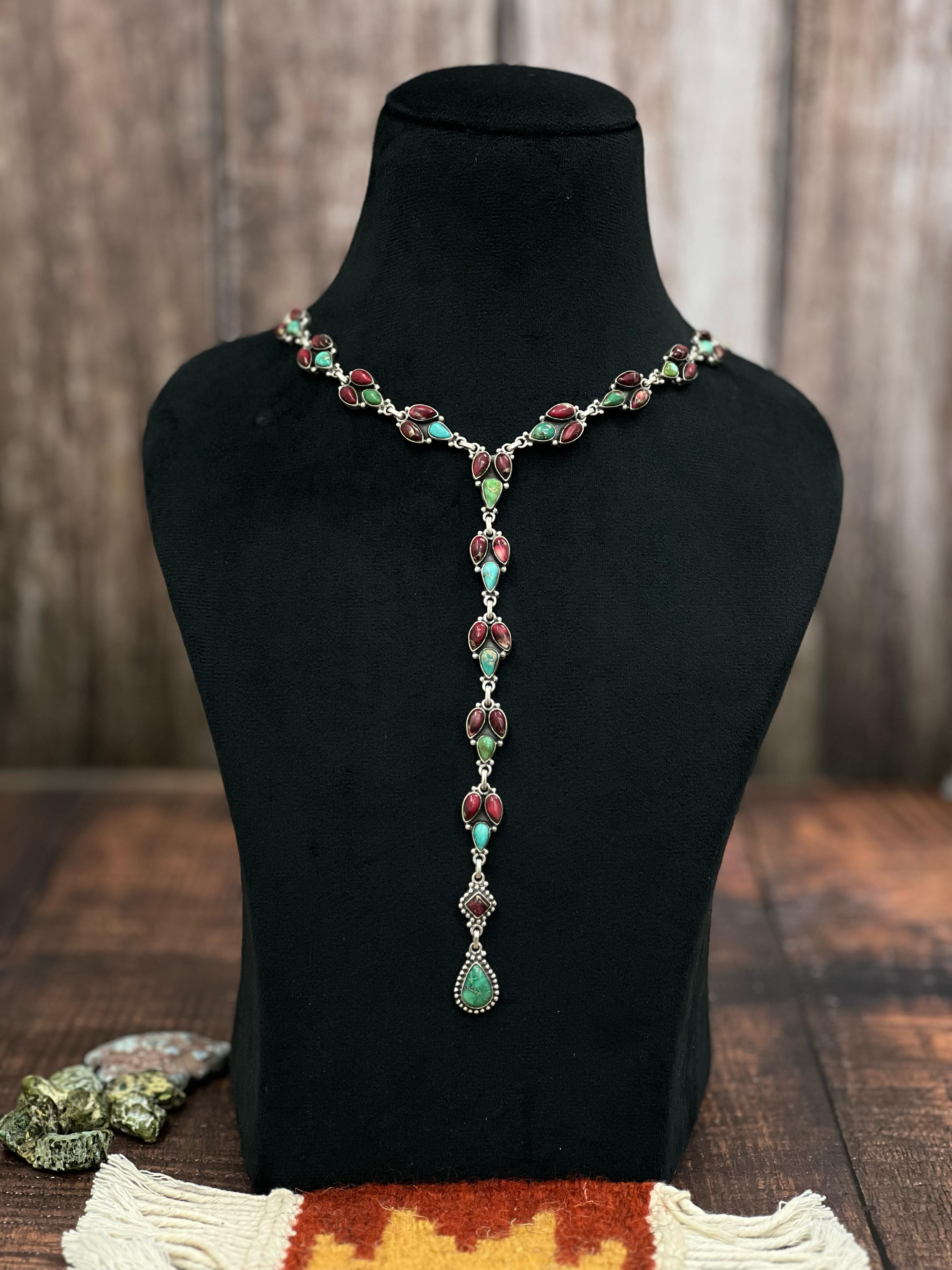 Handmade Sterling Silver Dahlia Rose with Emerald Valley Turquoise Necklace, Signed Nizhoni