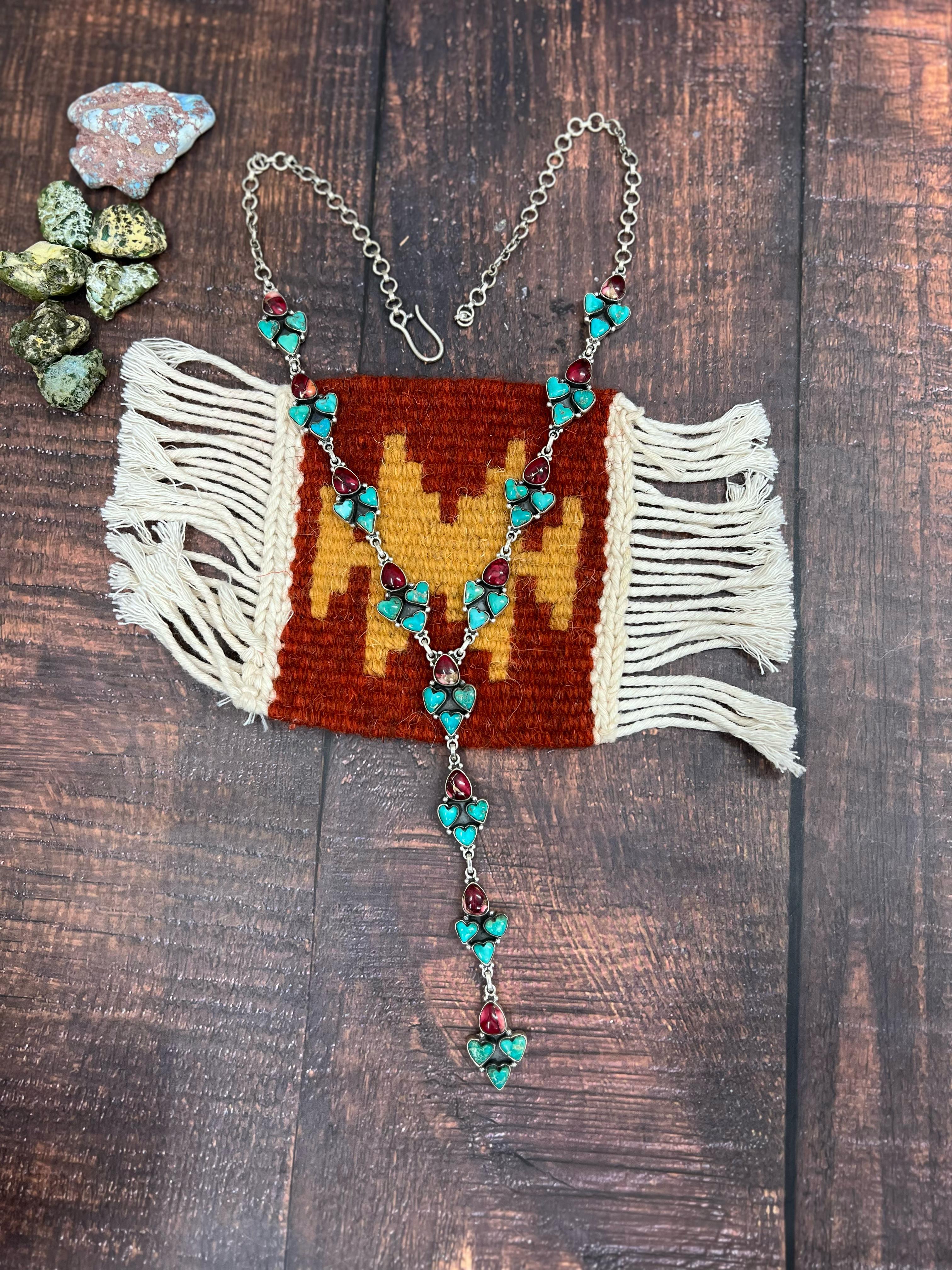 Handmade Sterling Silver Dahlia Rose with Emerald Valley Turquoise Necklace, Signed Nizhoni