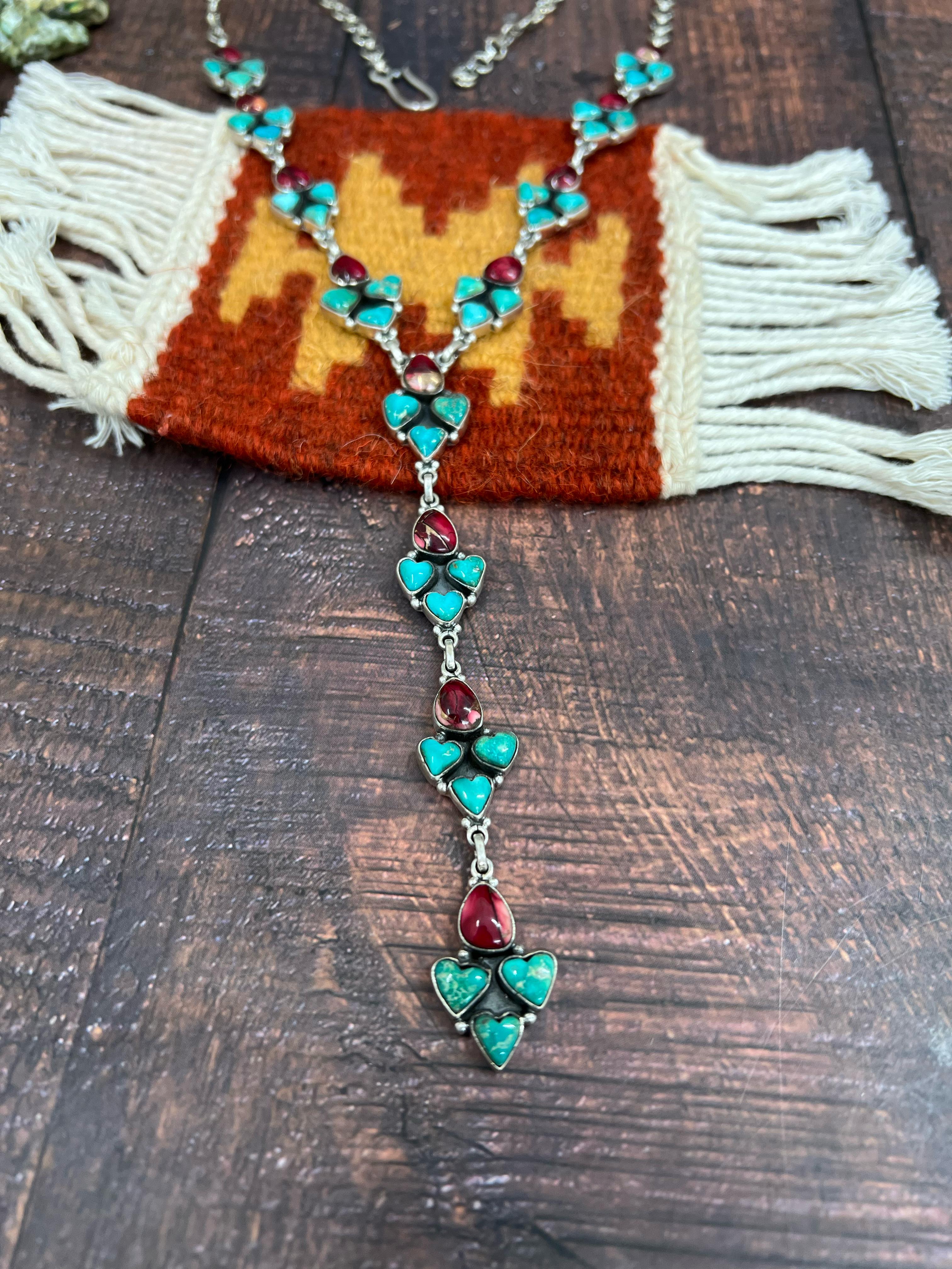 Handmade Sterling Silver Dahlia Rose with Emerald Valley Turquoise Necklace, Signed Nizhoni