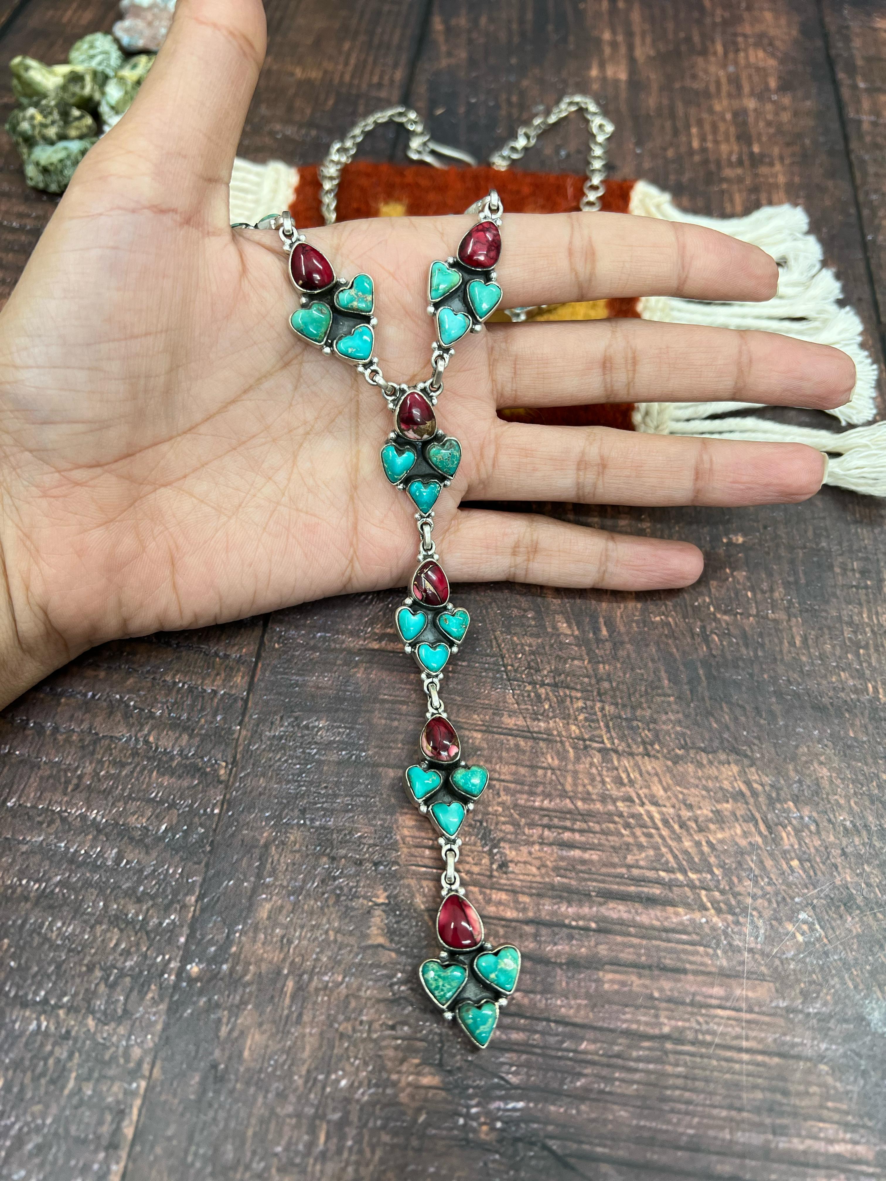 Handmade Sterling Silver Dahlia Rose with Emerald Valley Turquoise Necklace, Signed Nizhoni