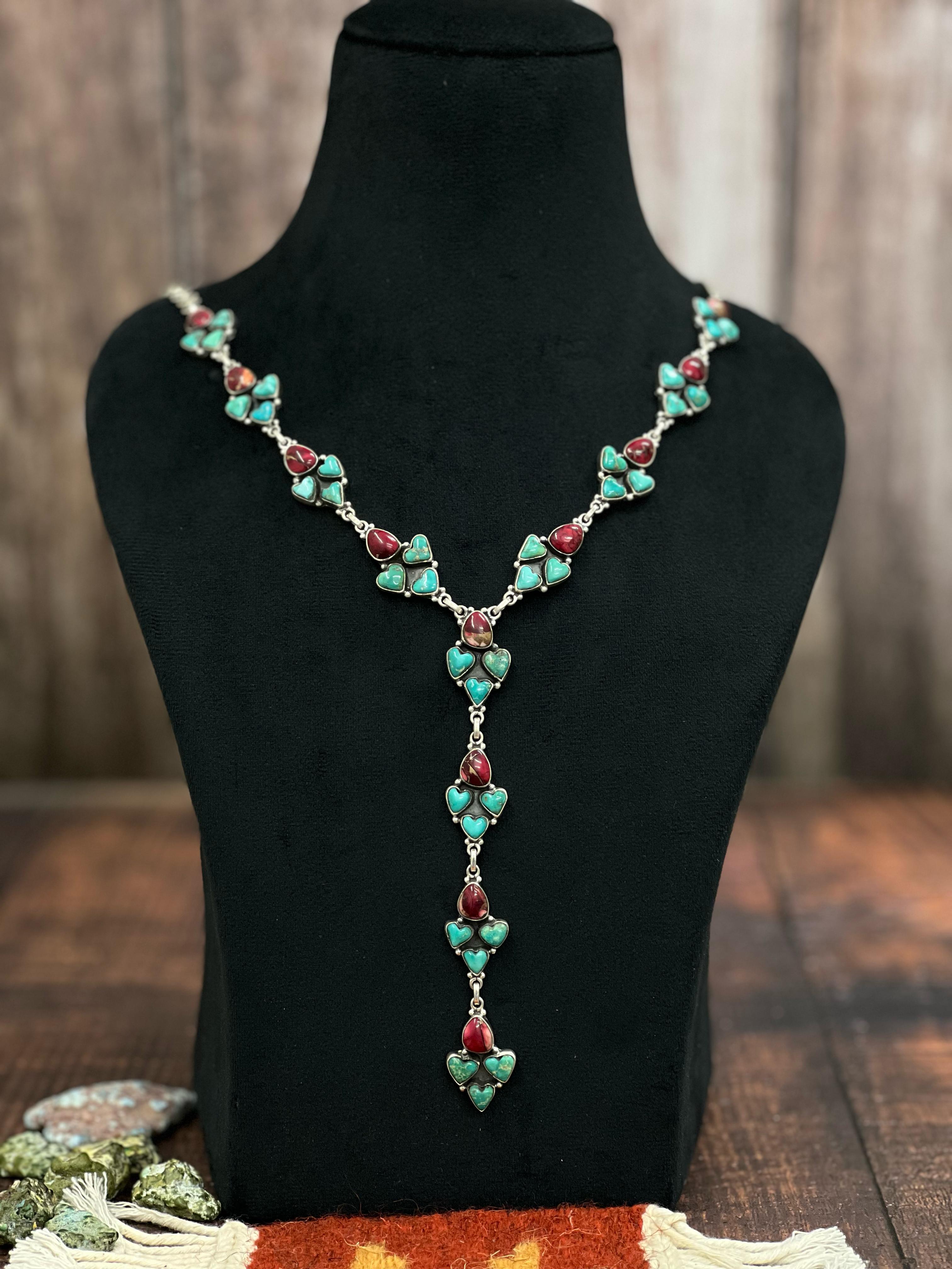 Handmade Sterling Silver Dahlia Rose with Emerald Valley Turquoise Necklace, Signed Nizhoni