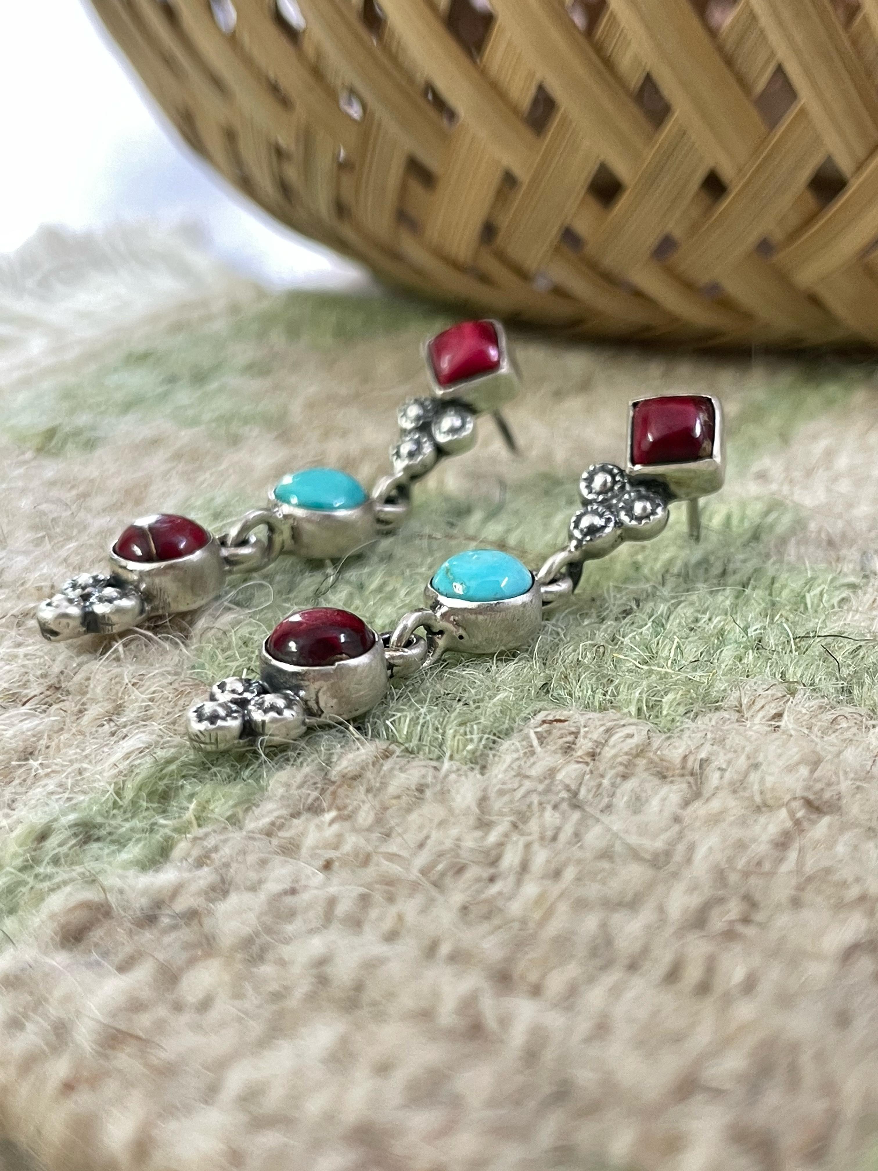 Handmade Sterling Silver Dahlia Rose with Emerald Valley Turquoise Dangle Earrings with Signed Nizhoni