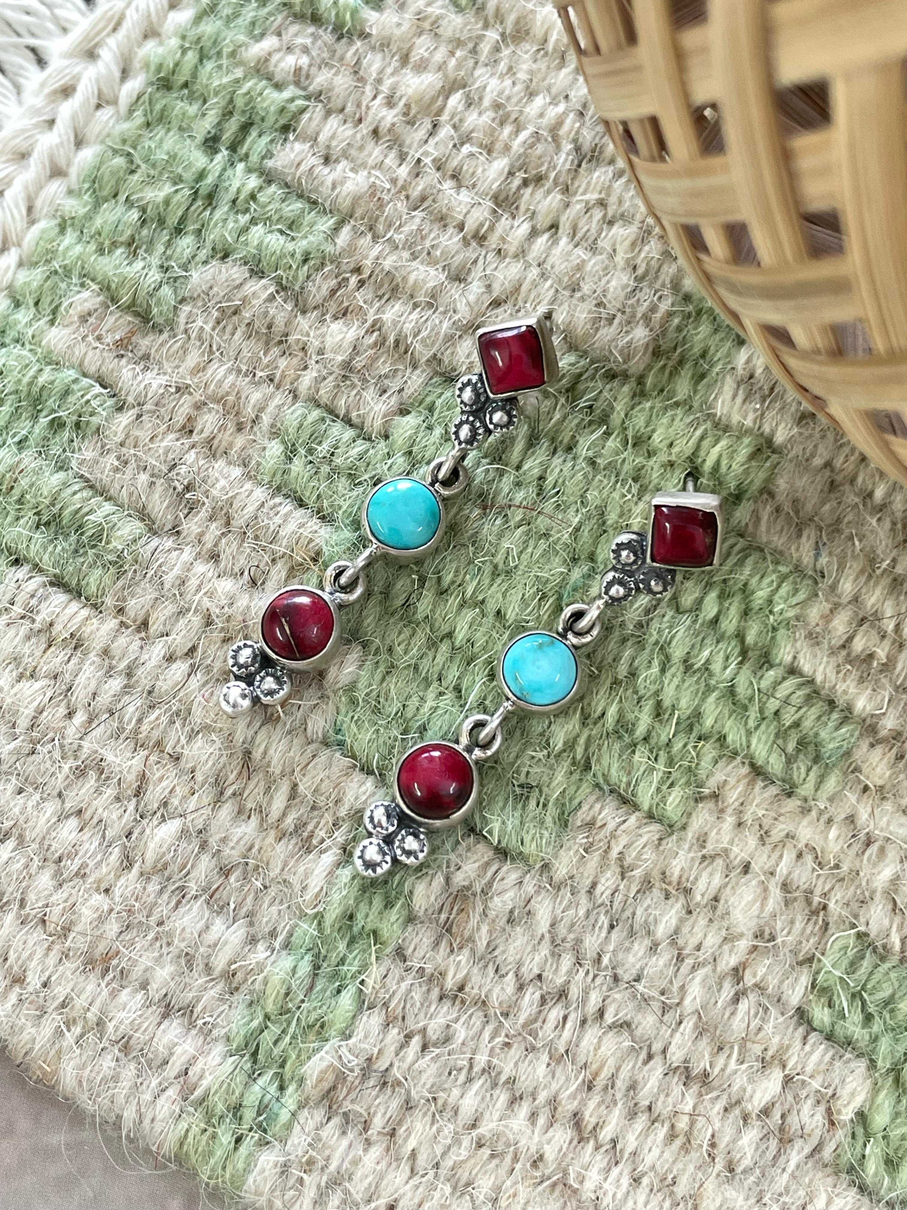 Handmade Sterling Silver Dahlia Rose with Emerald Valley Turquoise Dangle Earrings with Signed Nizhoni