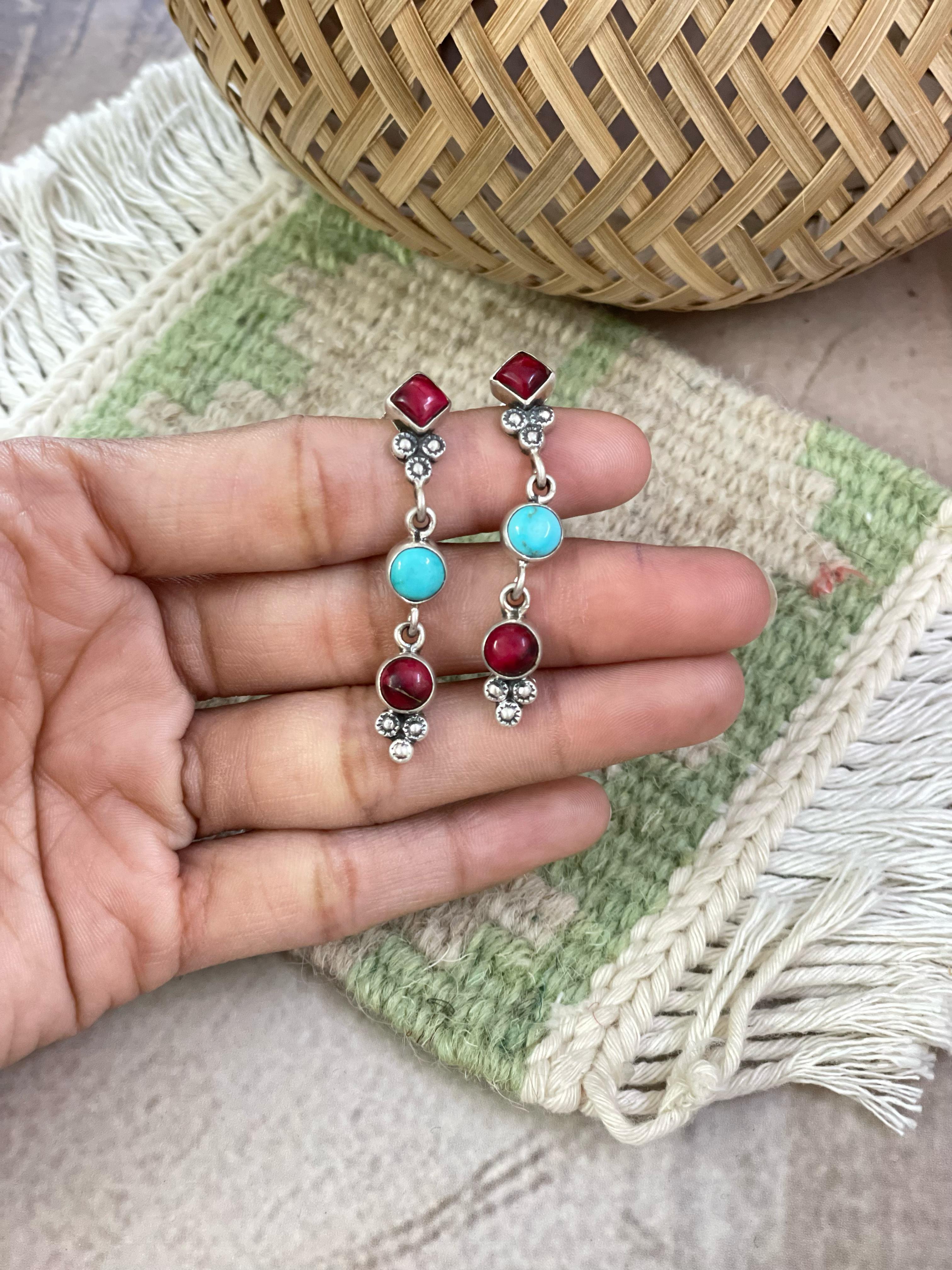 Handmade Sterling Silver Dahlia Rose with Emerald Valley Turquoise Dangle Earrings with Signed Nizhoni