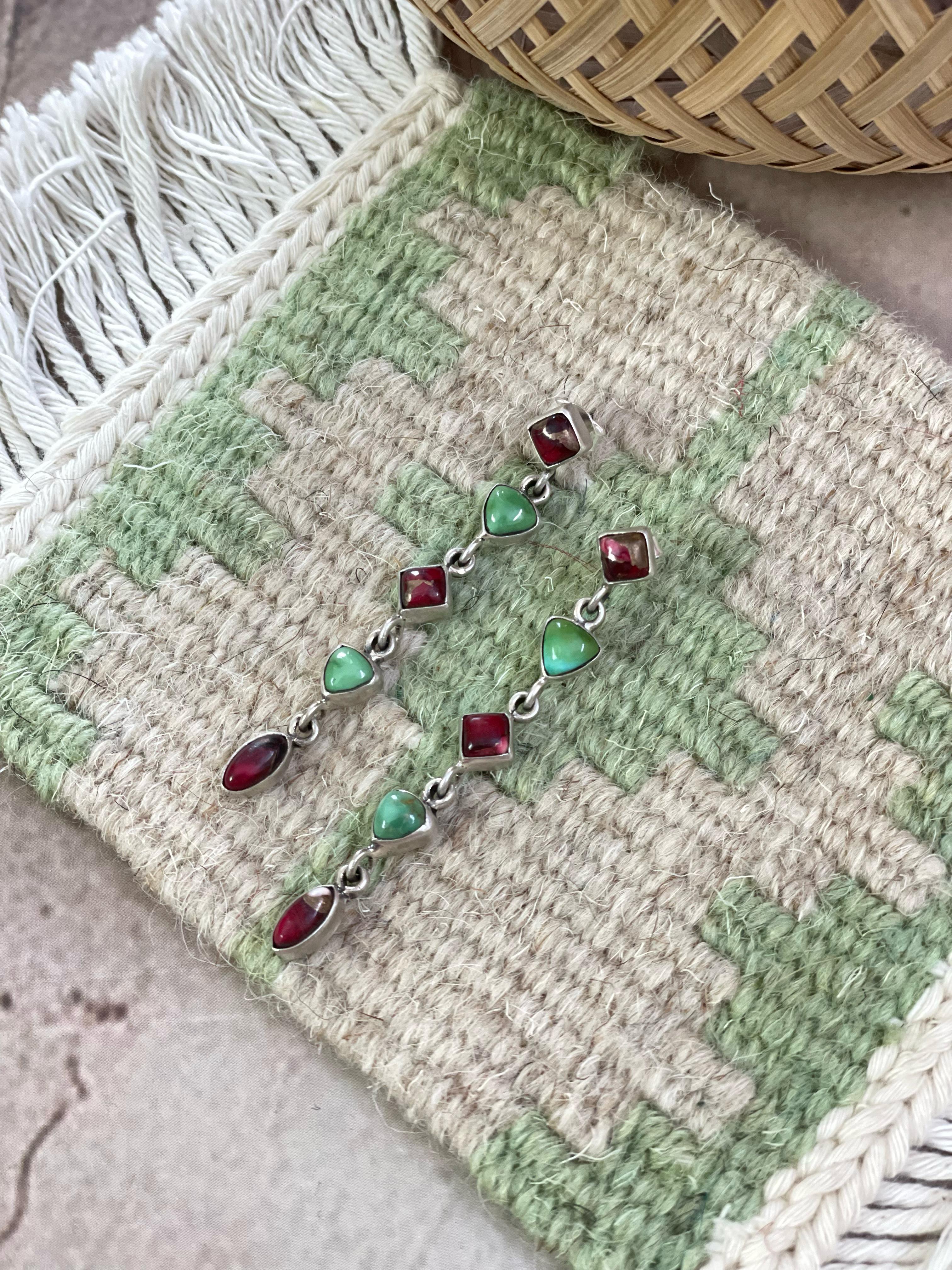 Handmade Sterling Silver Handmade Sterling Silver Dahlia Rose with Emerald Valley Turquoise Post Earrings with Signed Nizhoni