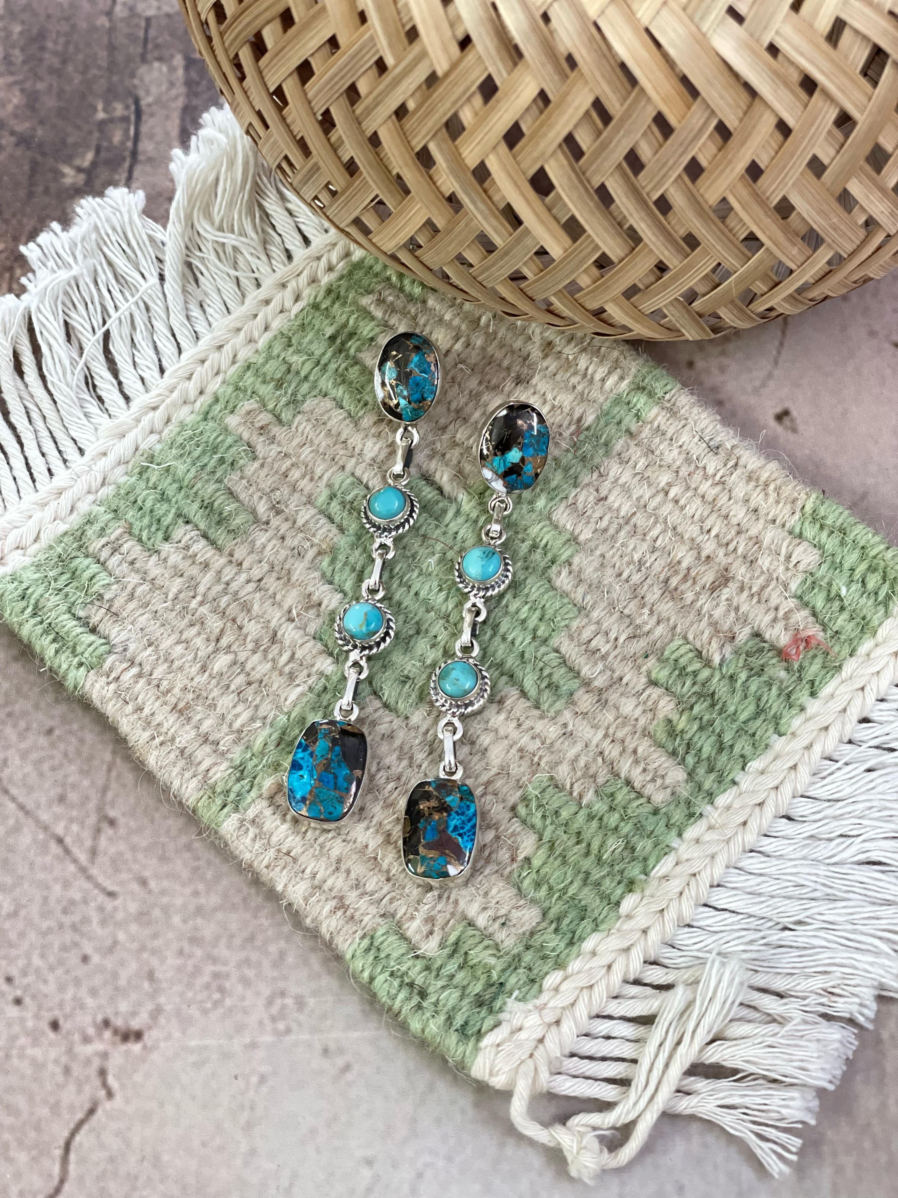 Handmade Sterling Silver Chrysocolla with Kingman Turquoise Post Earrings, Signed Nizhoni