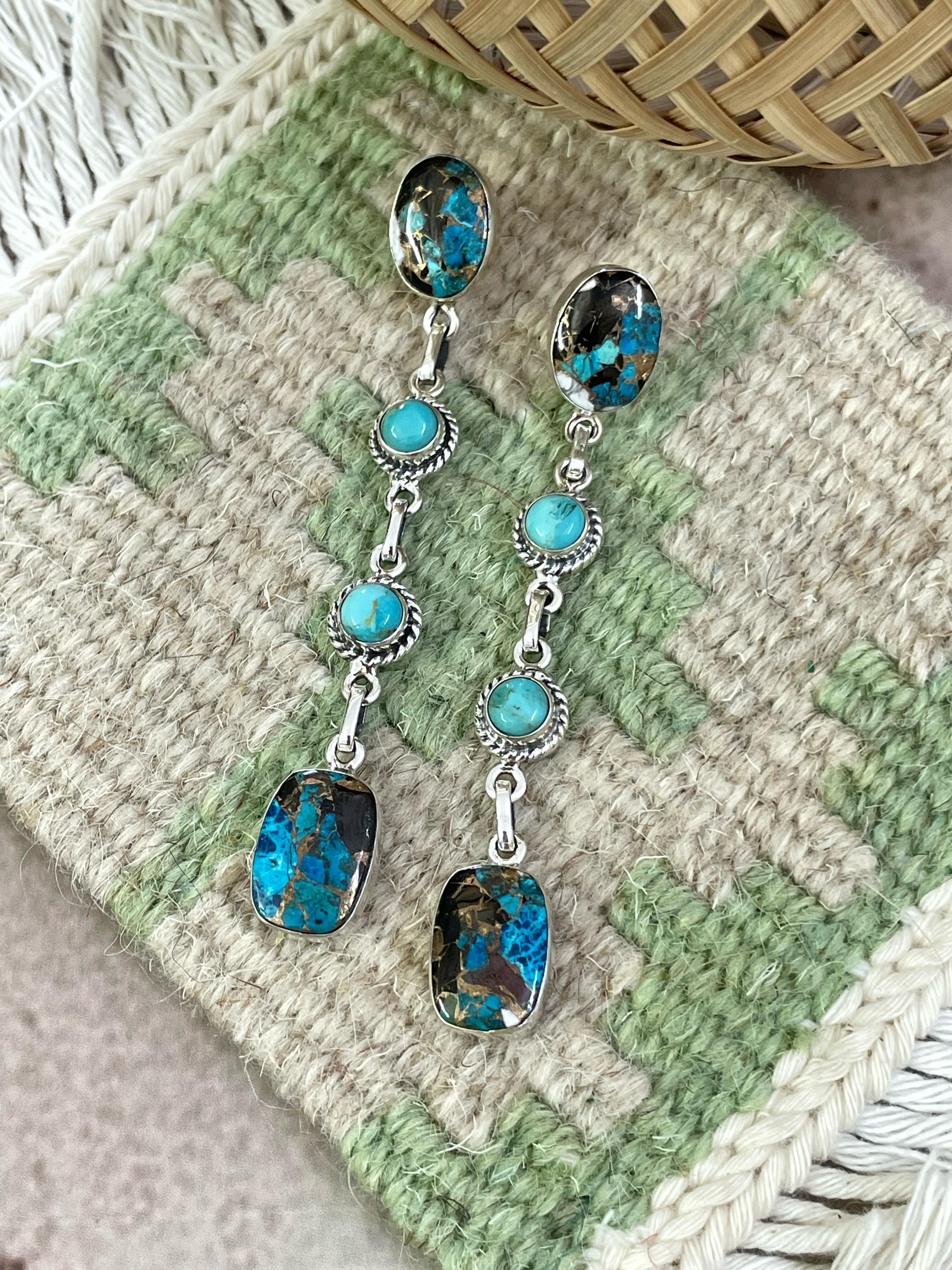 Handmade Sterling Silver Chrysocolla with Kingman Turquoise Post Earrings, Signed Nizhoni