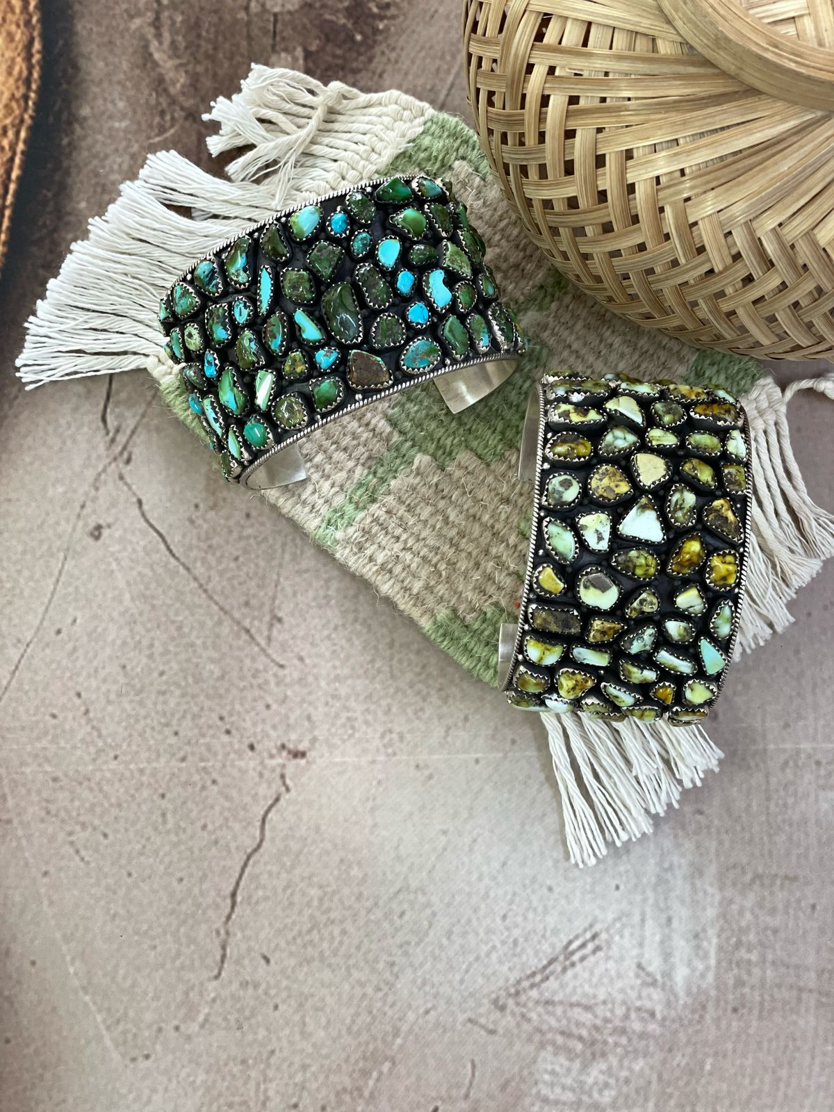 Handmade Sterling Silver Sonoran Mountain, Palomino Turquoise Cuff Bracelet with Signed Nizhoni