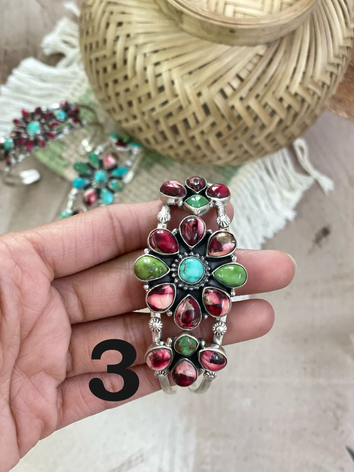 Handmade Sterling Silver Dahlia Rose with Emerald Valley Turquoise Cuff/Flower Bracelet with Signed Nizhoni