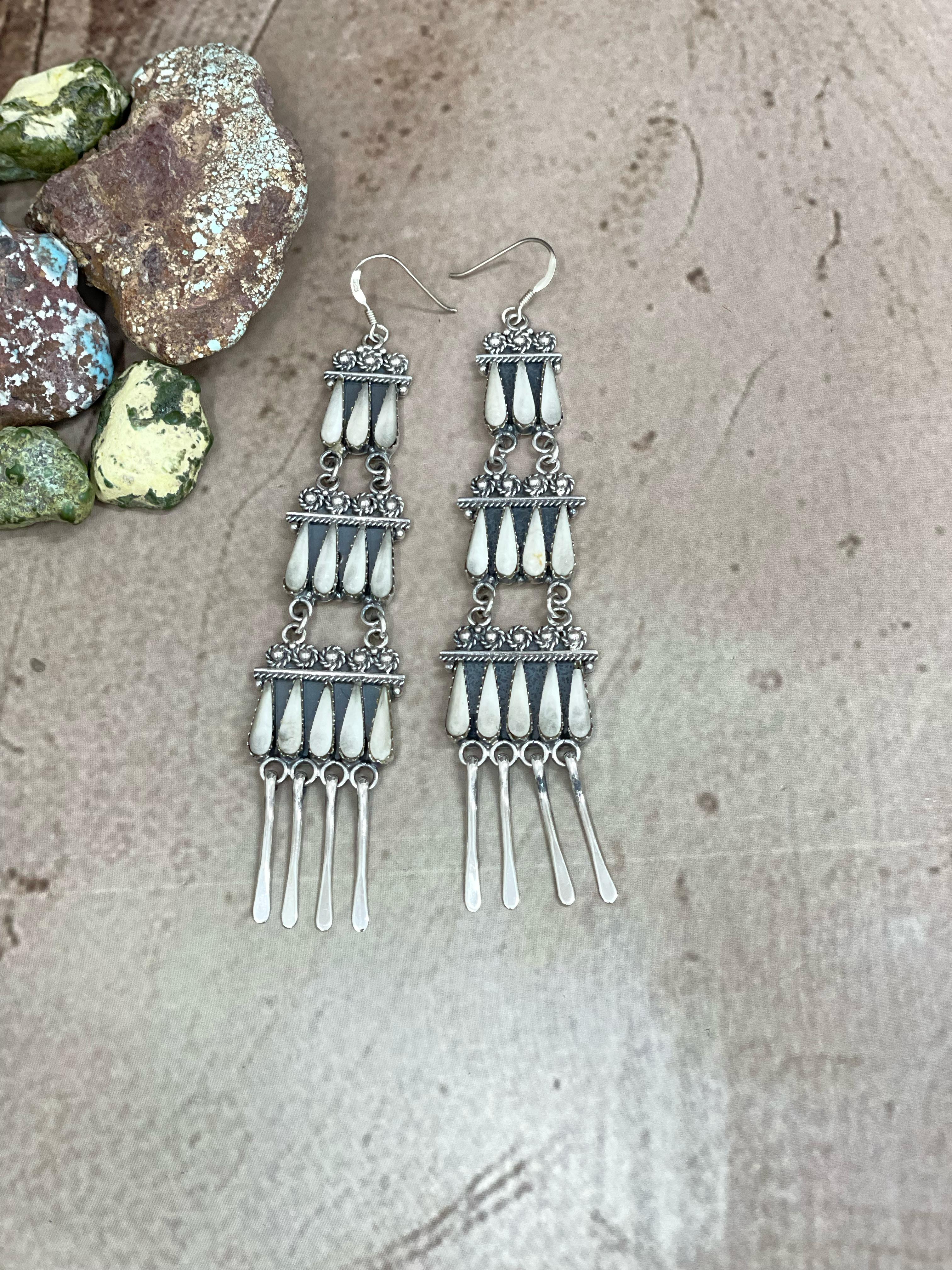 Handmade Sterling Silver White Buffalo Turquoise Hook Earrings with Signed Nizhoni