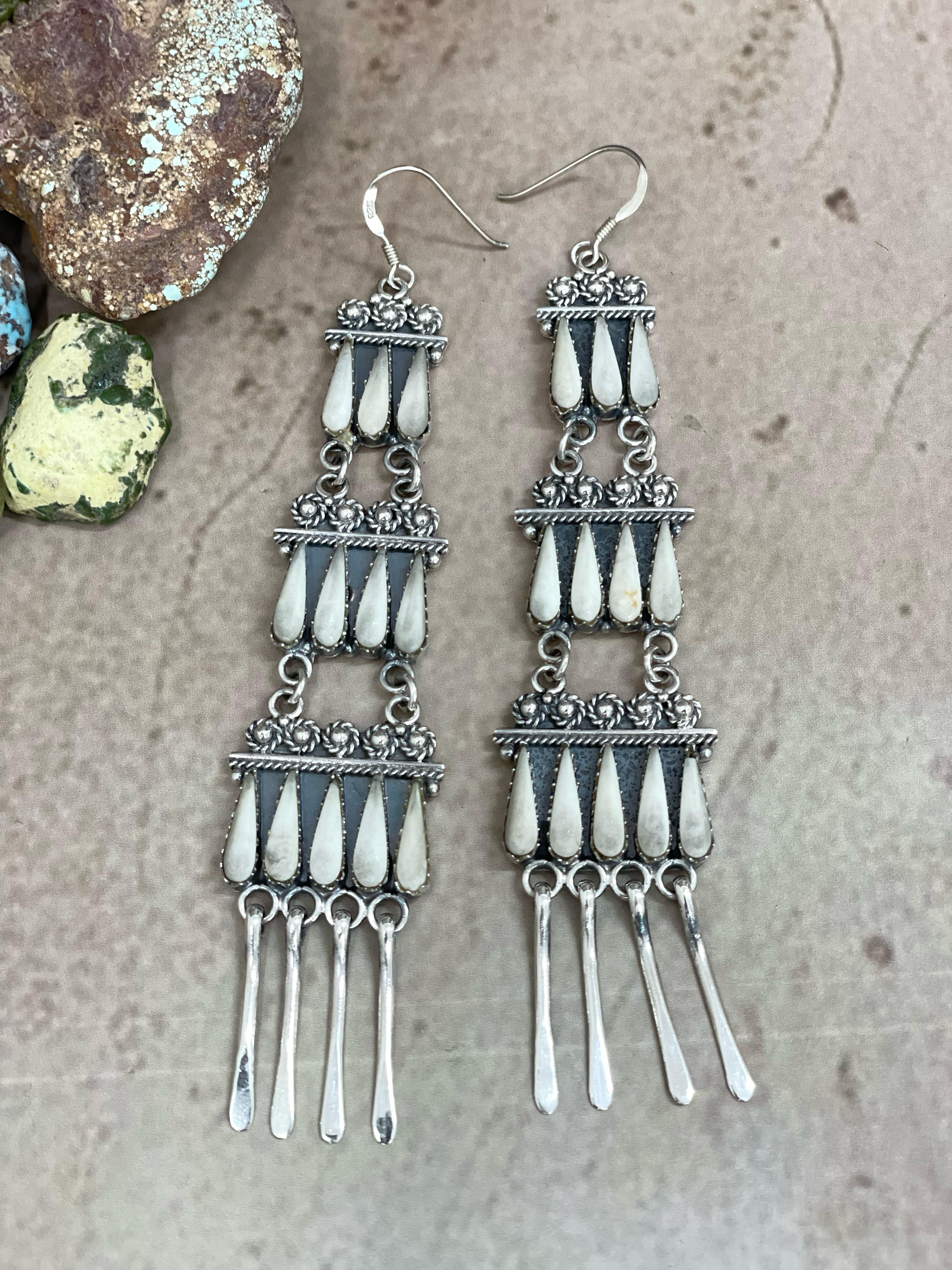 Handmade Sterling Silver White Buffalo Turquoise Hook Earrings with Signed Nizhoni