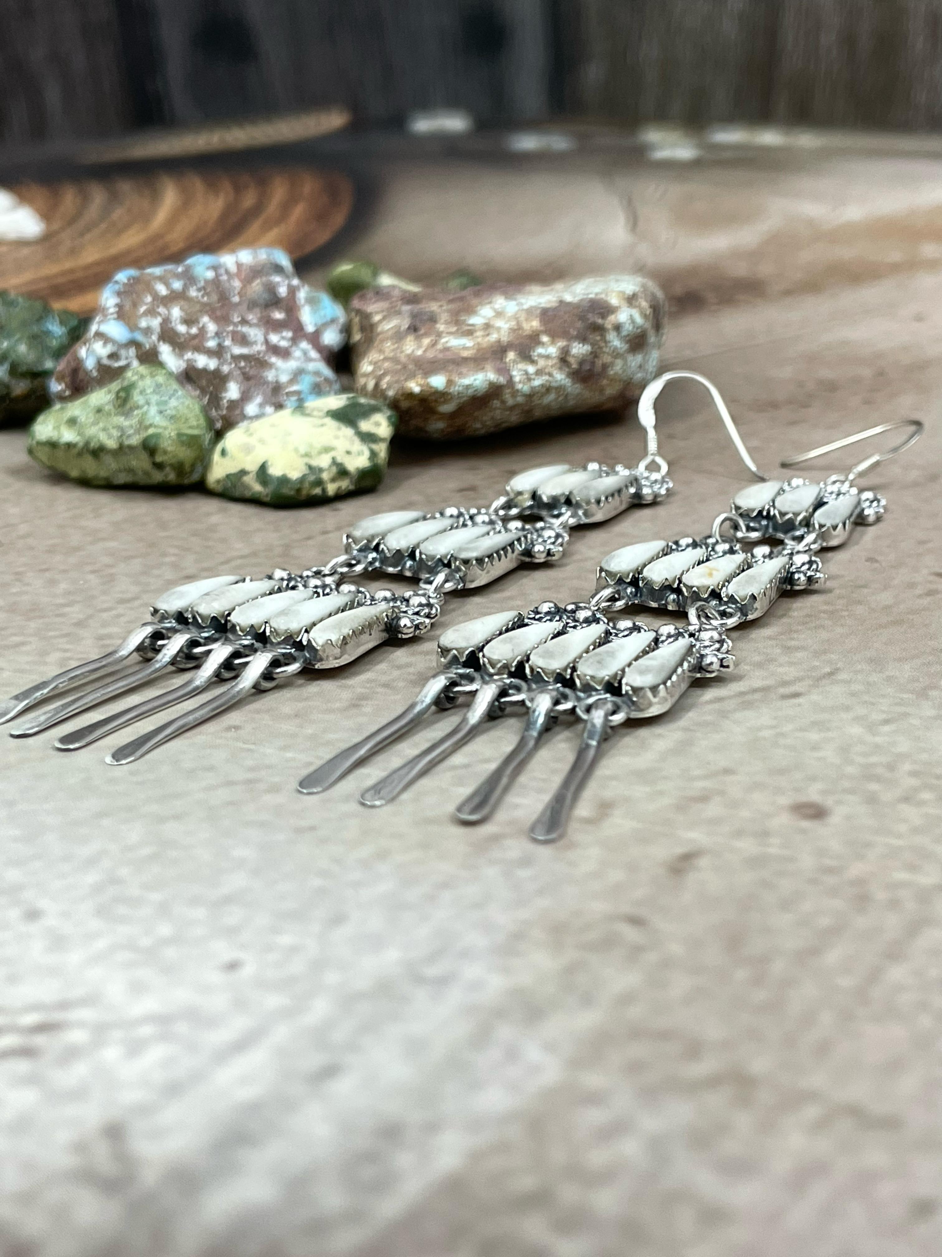 Handmade Sterling Silver White Buffalo Turquoise Hook Earrings with Signed Nizhoni