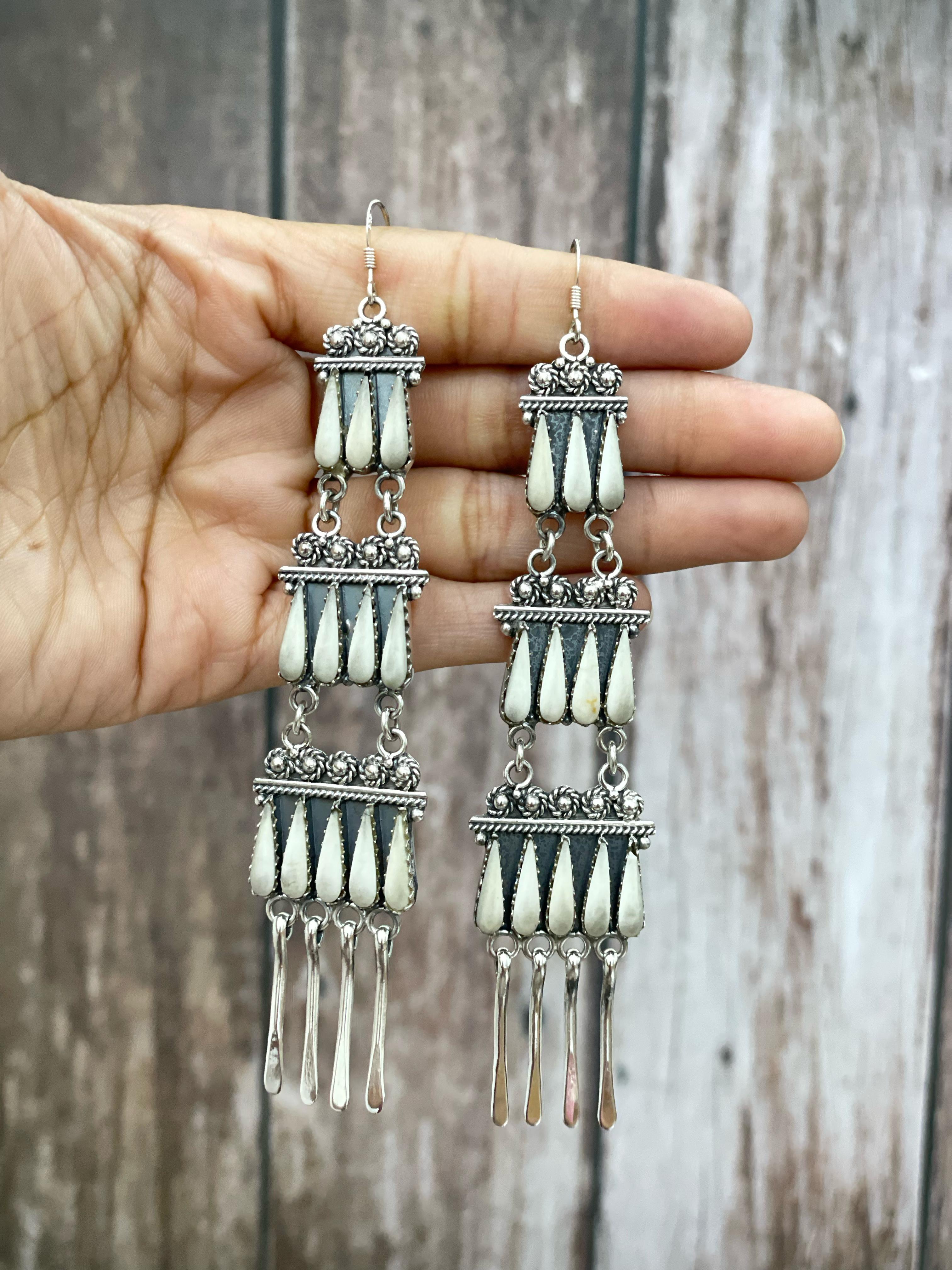 Handmade Sterling Silver White Buffalo Turquoise Hook Earrings with Signed Nizhoni