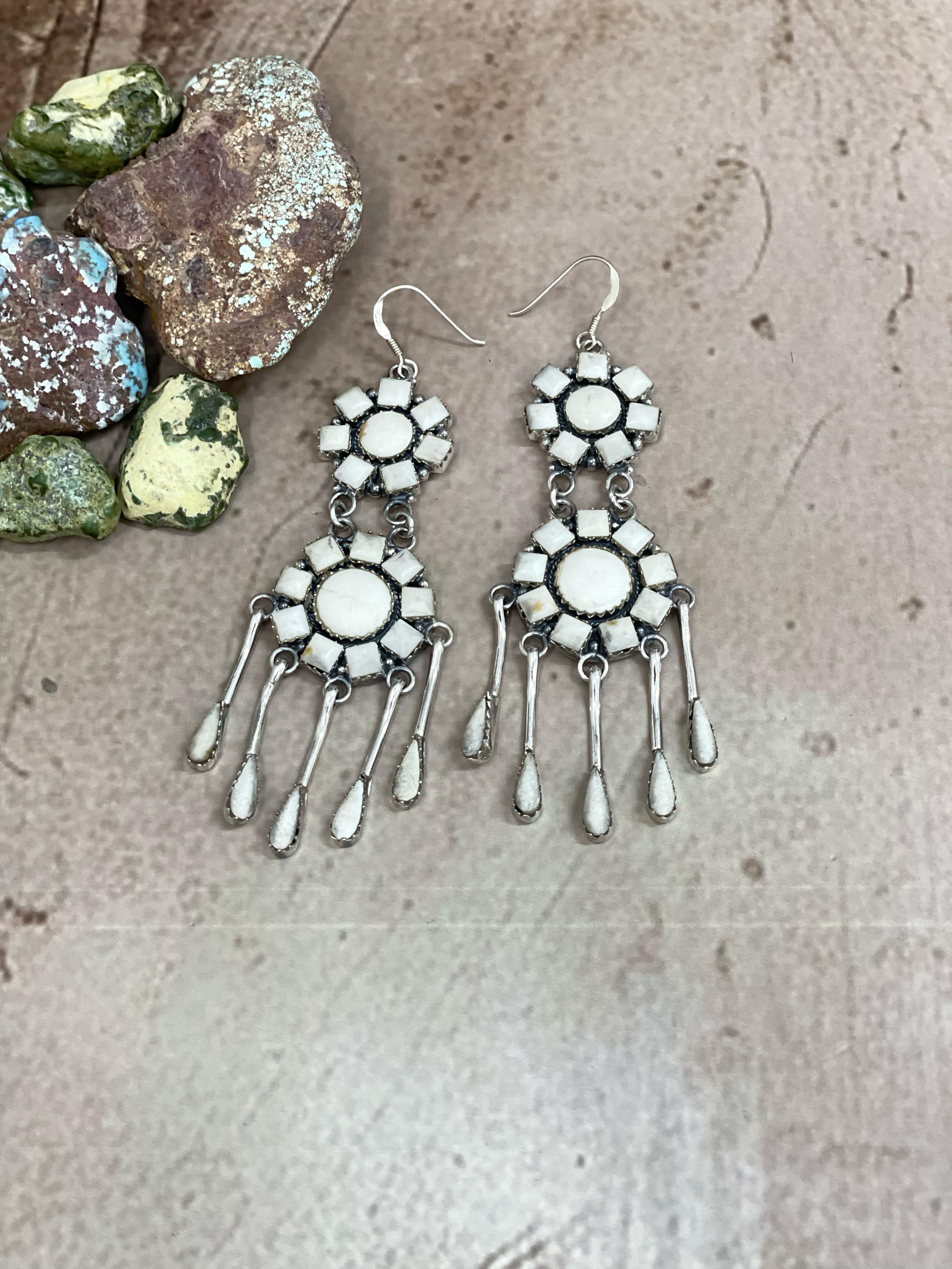 Handmade Sterling Silver White Buffalo Turquoise Dangle Earrings, Signed Nizhoni