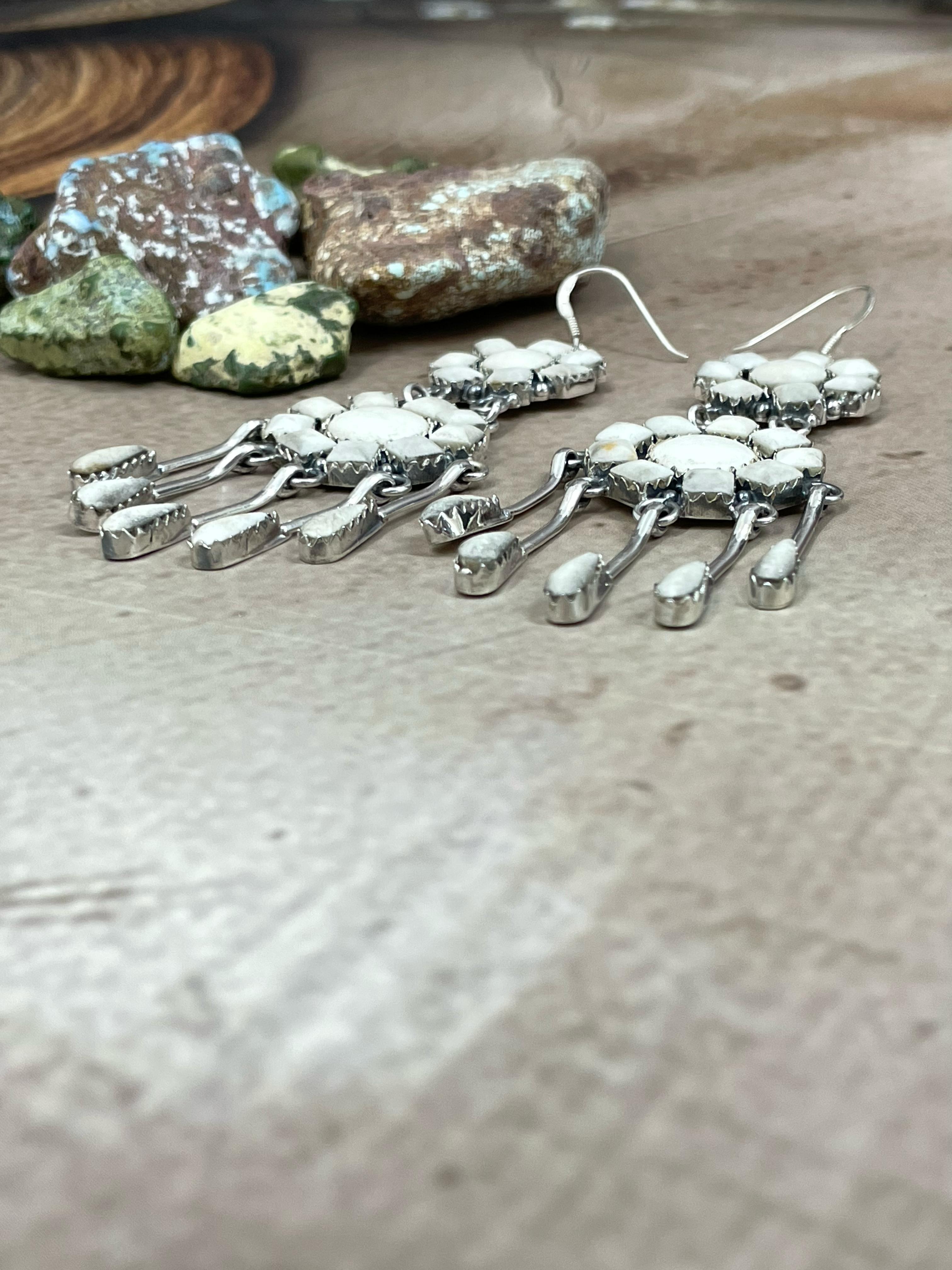 Handmade Sterling Silver White Buffalo Turquoise Dangle Earrings, Signed Nizhoni