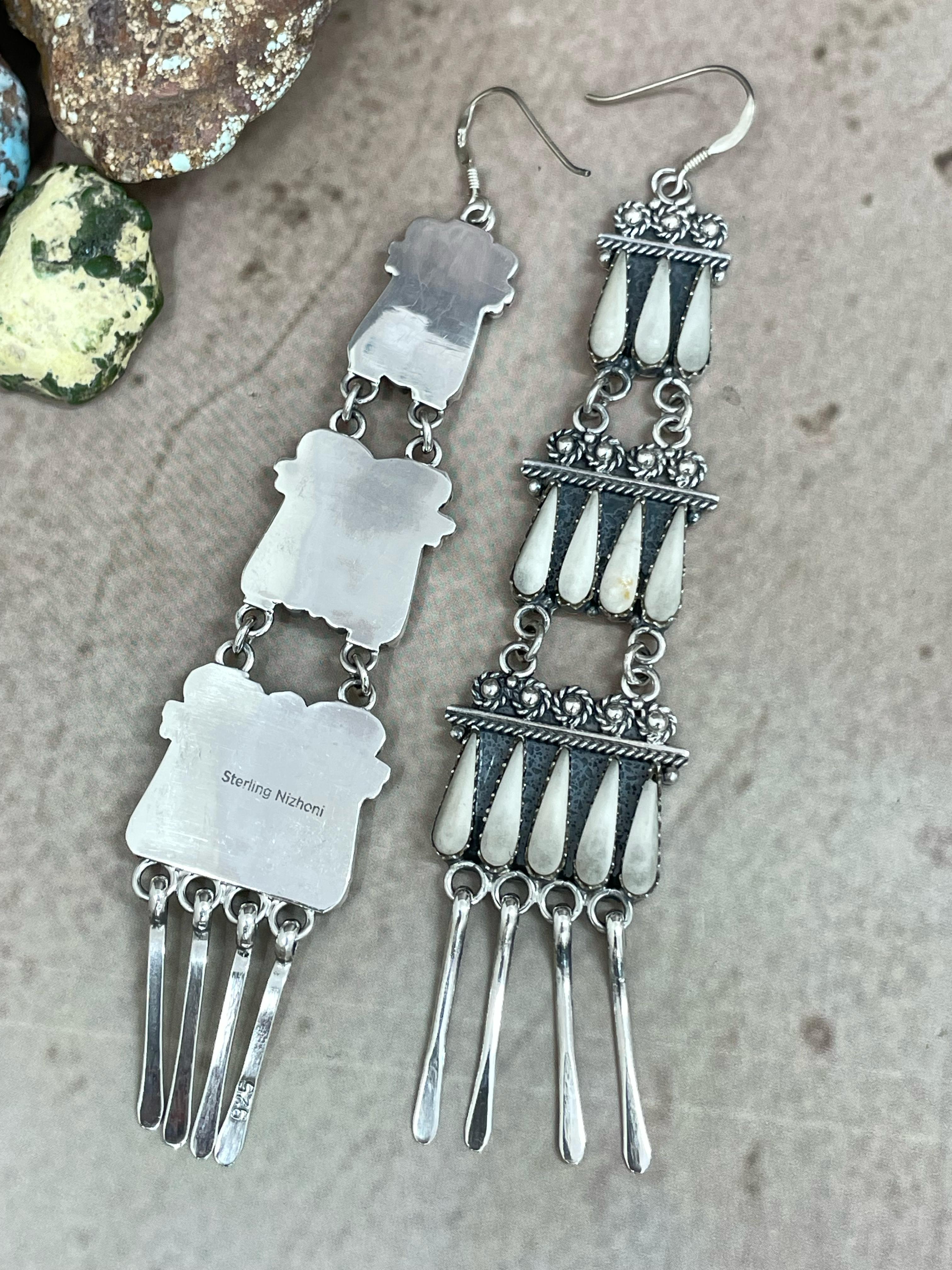 Handmade Sterling Silver White Buffalo Turquoise Hook Earrings with Signed Nizhoni