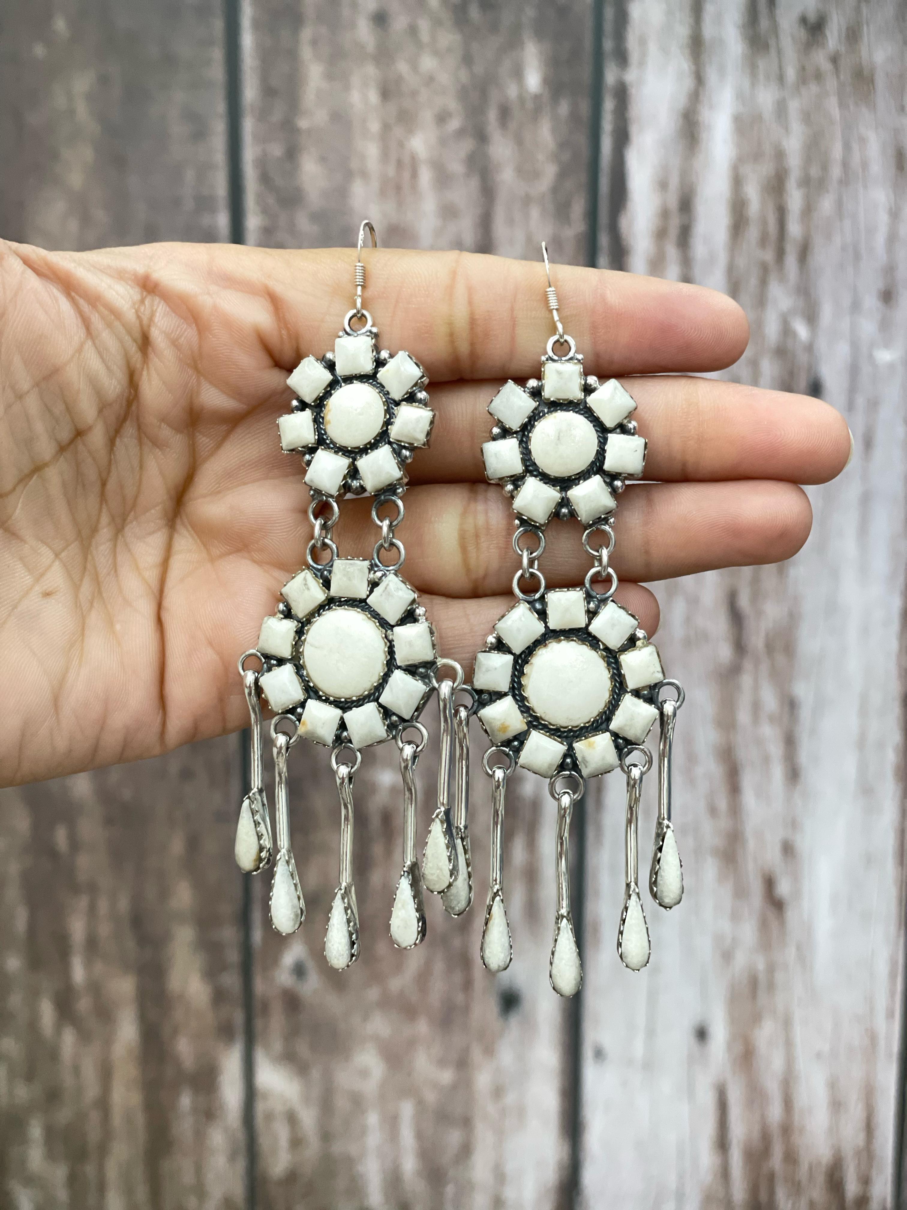 Handmade Sterling Silver White Buffalo Turquoise Dangle Earrings, Signed Nizhoni