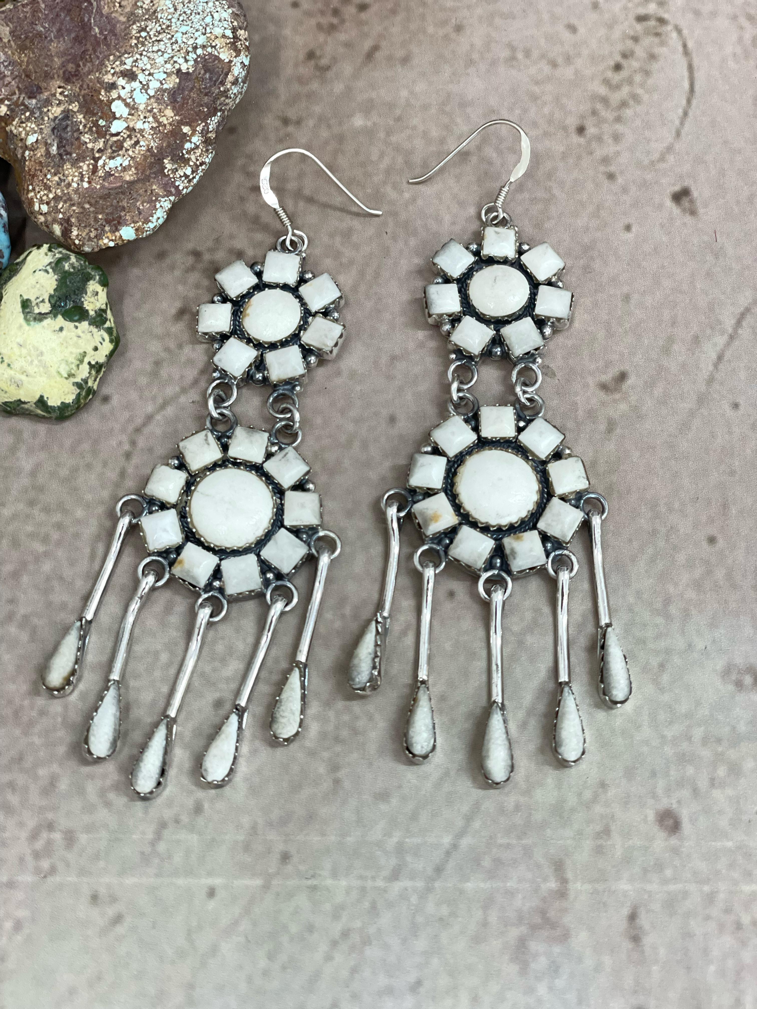Handmade Sterling Silver White Buffalo Turquoise Dangle Earrings, Signed Nizhoni