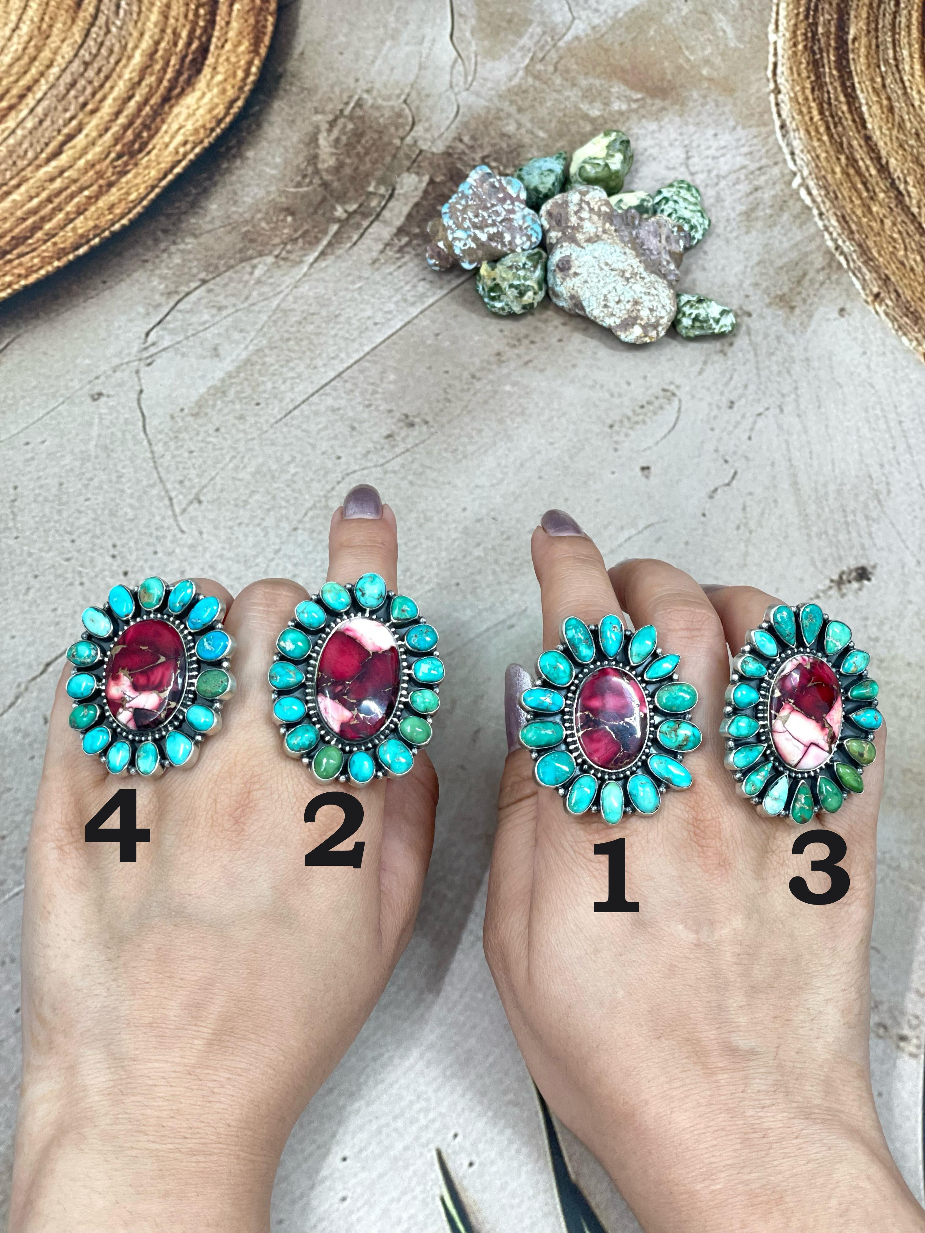 Handmade Sterling Silver Emerald Valley with Dahlia Rose Adjustable Ring, Signed Nizhoni