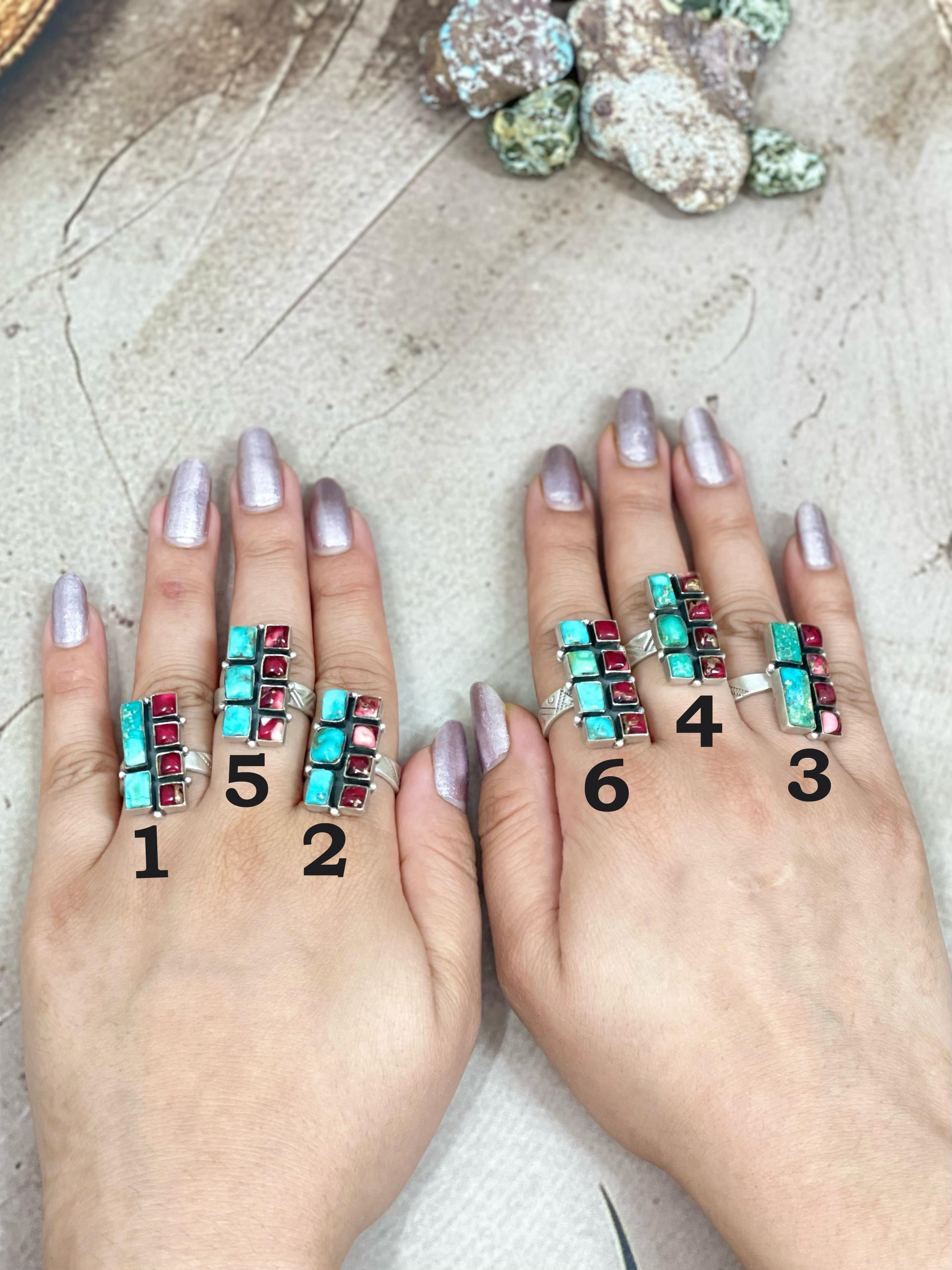 Handmade Sterling Silver Emerald Valley with Dahlia Rose Adjustable Ring, Signed Nizhoni