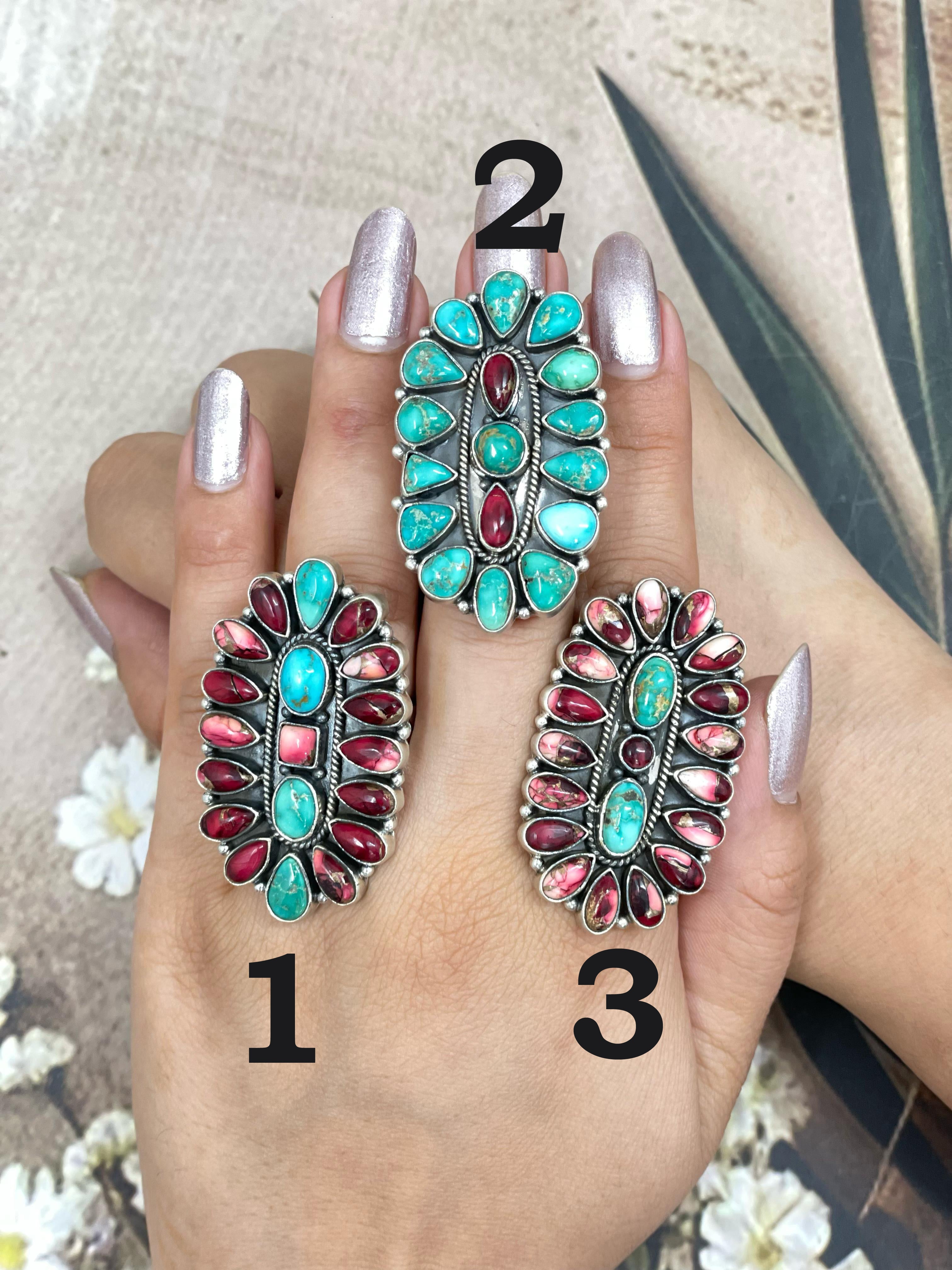 Handmade Sterling Silver Emerald Valley with Dahlia Rose Adjustable Ring, Signed Nizhoni