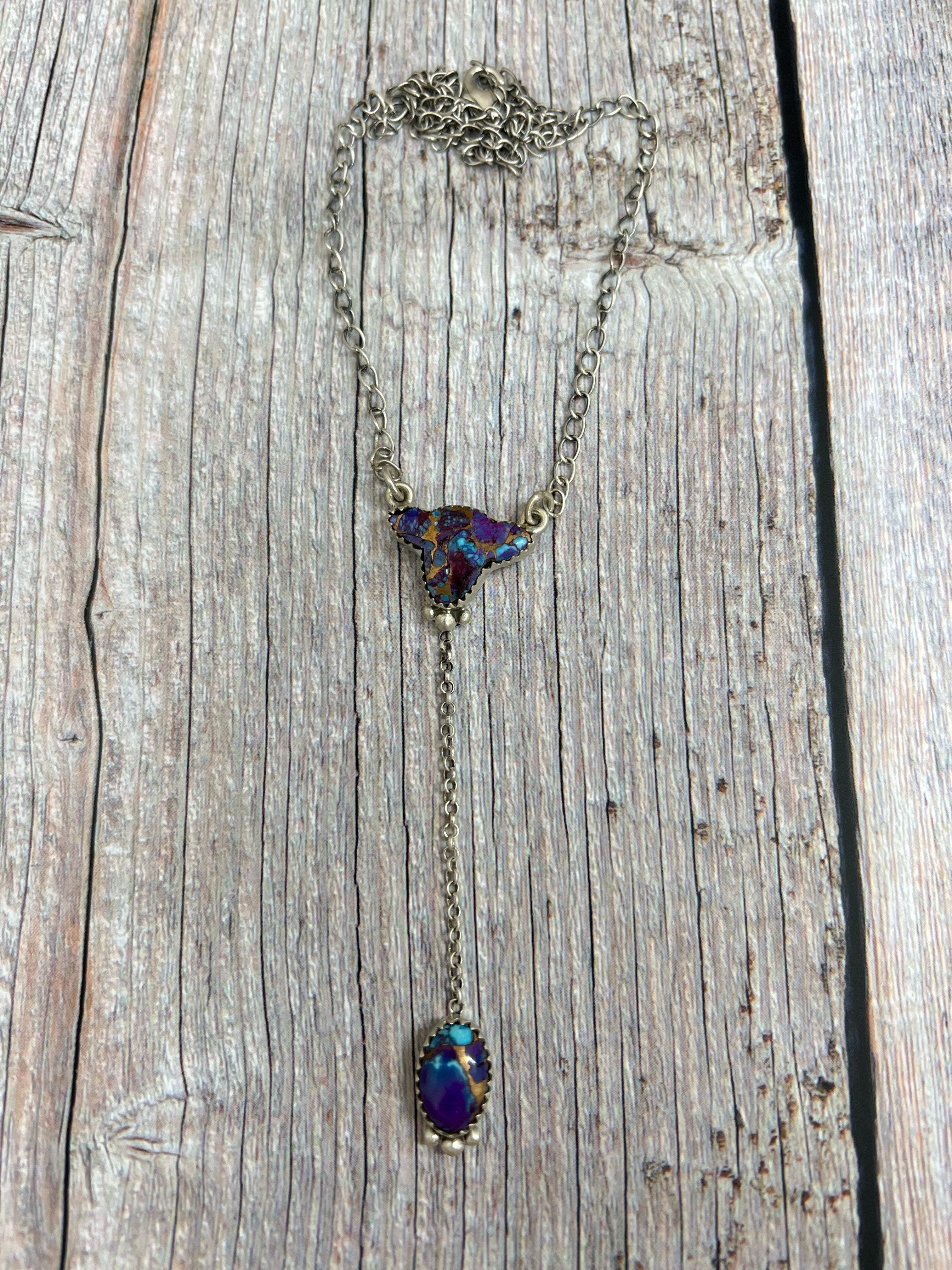 Handmade Sterling Silver Purple Kingman Mojave Bull Necklace with Signed Nizhoni