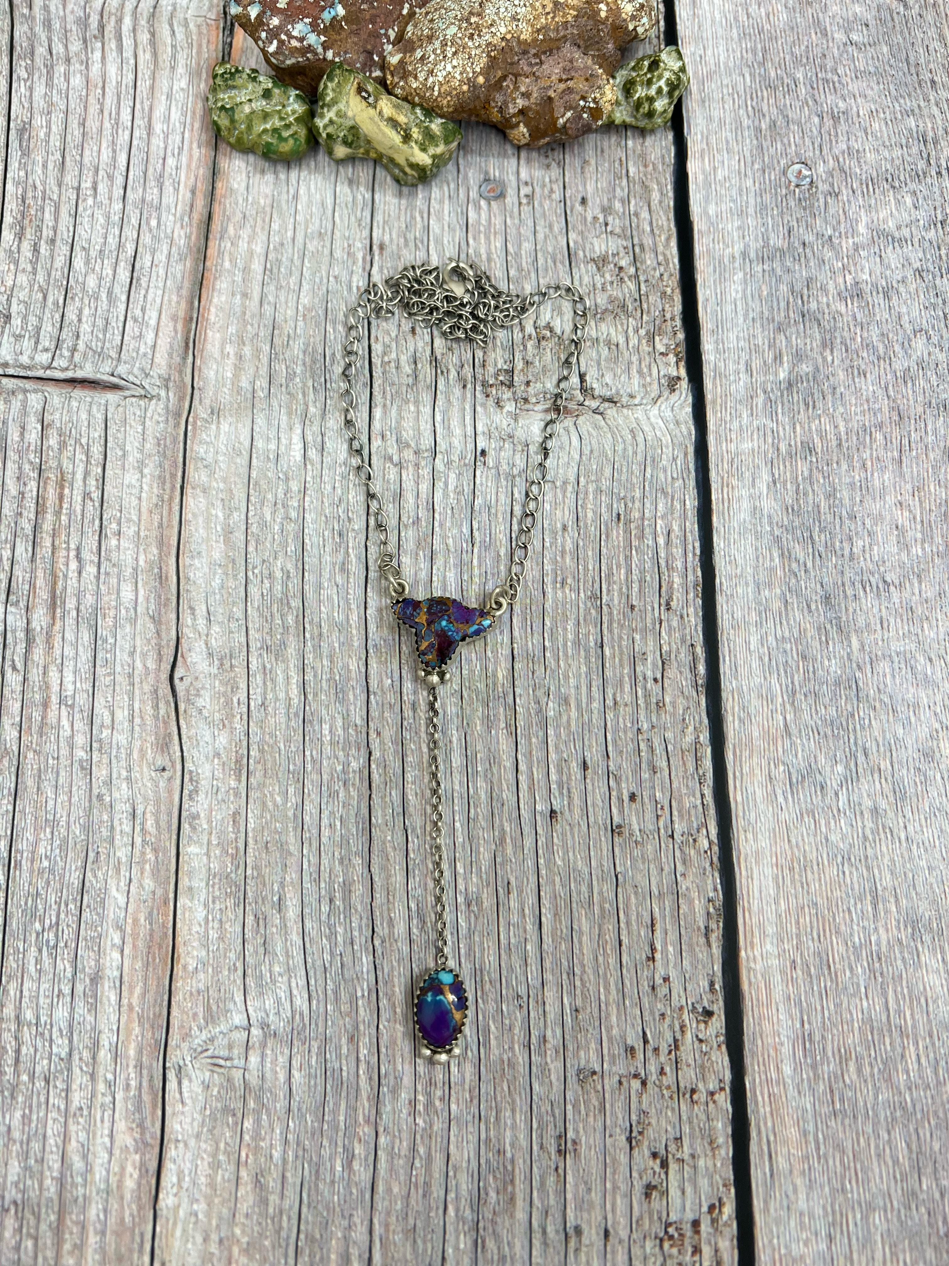 Handmade Sterling Silver Purple Kingman Mojave Bull Necklace with Signed Nizhoni