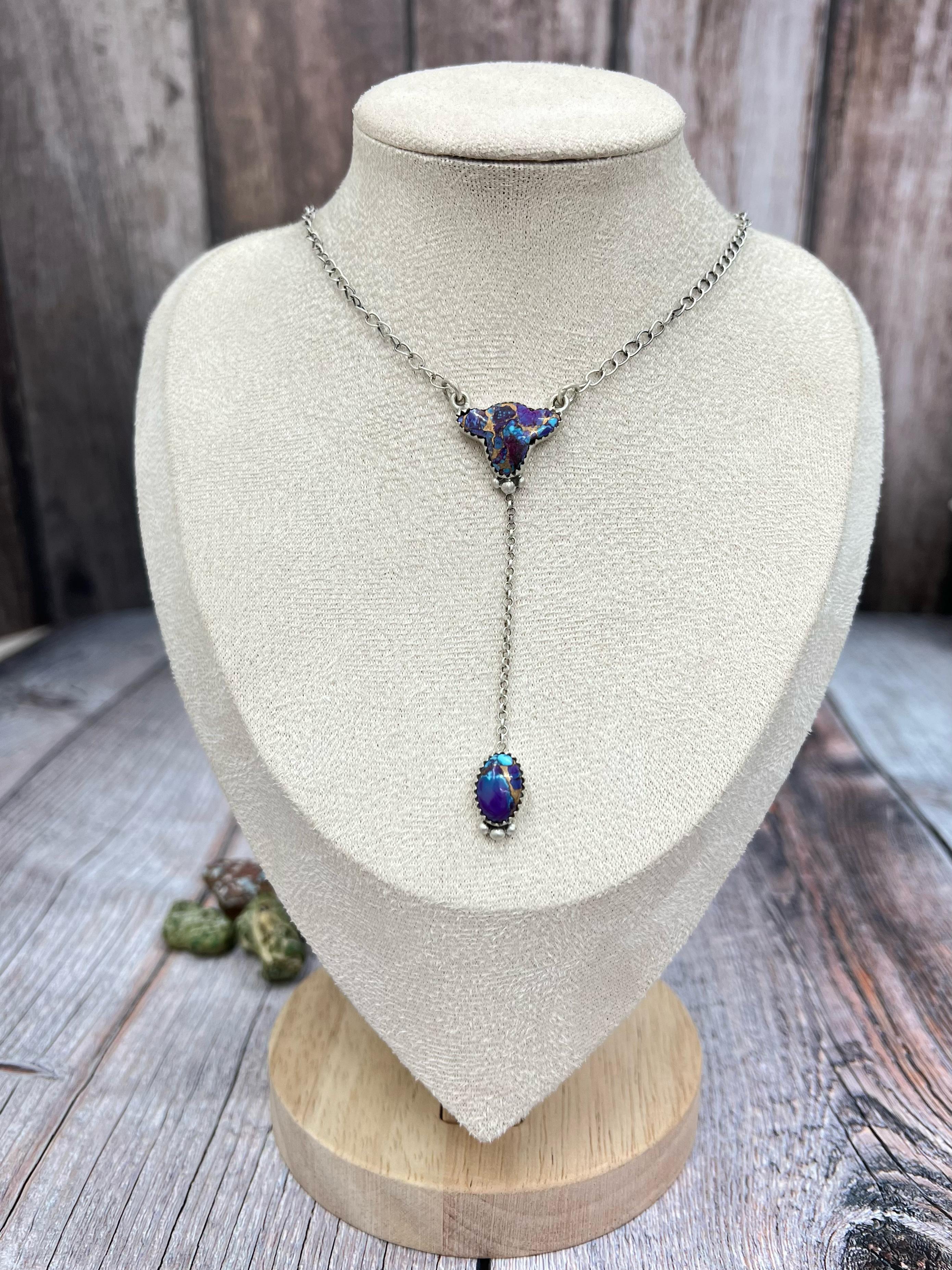 Handmade Sterling Silver Purple Kingman Mojave Bull Necklace with Signed Nizhoni