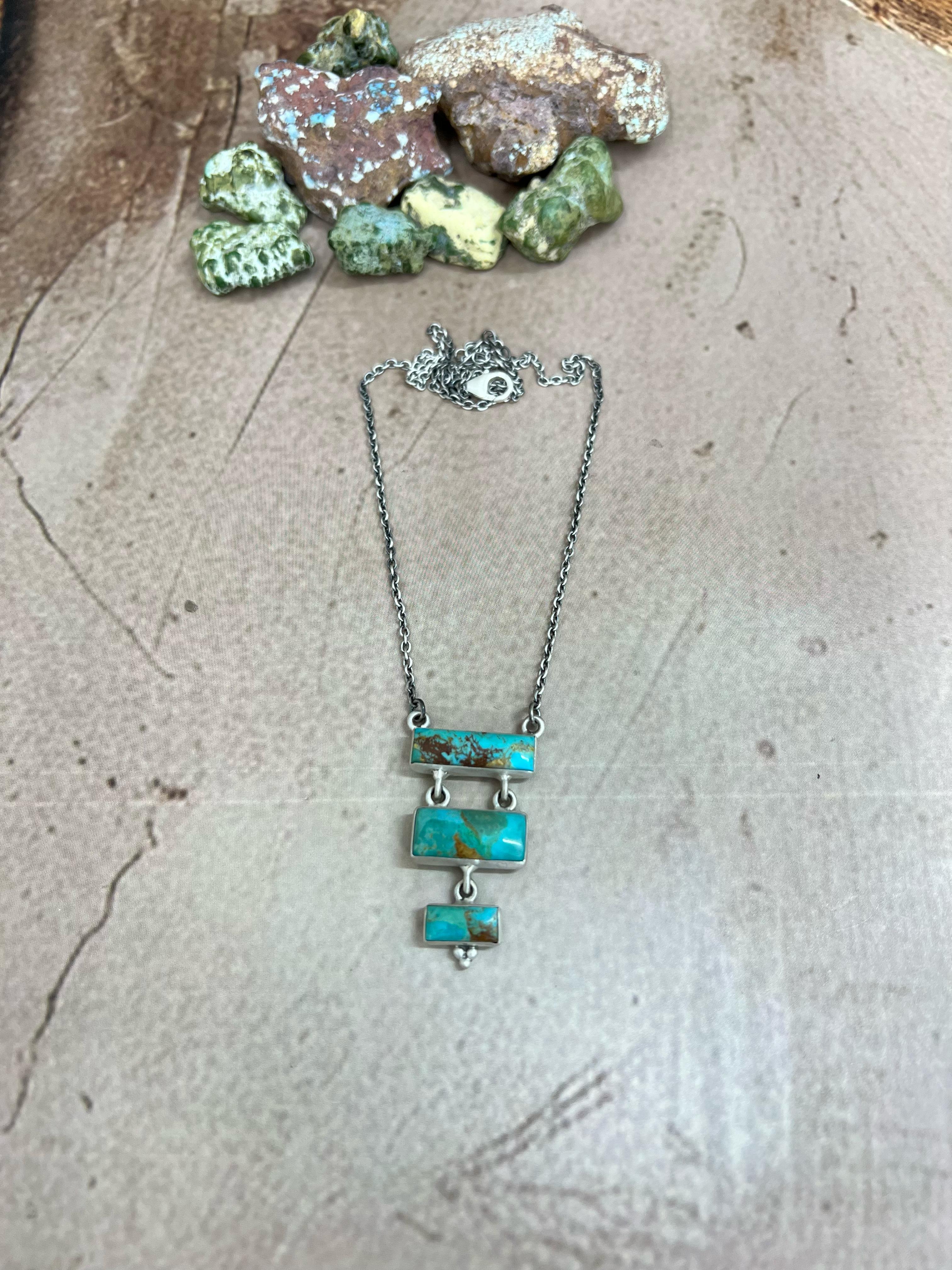 Handmade Sterling Silver Kingman Turquoise Necklace with Signed Nizhoni