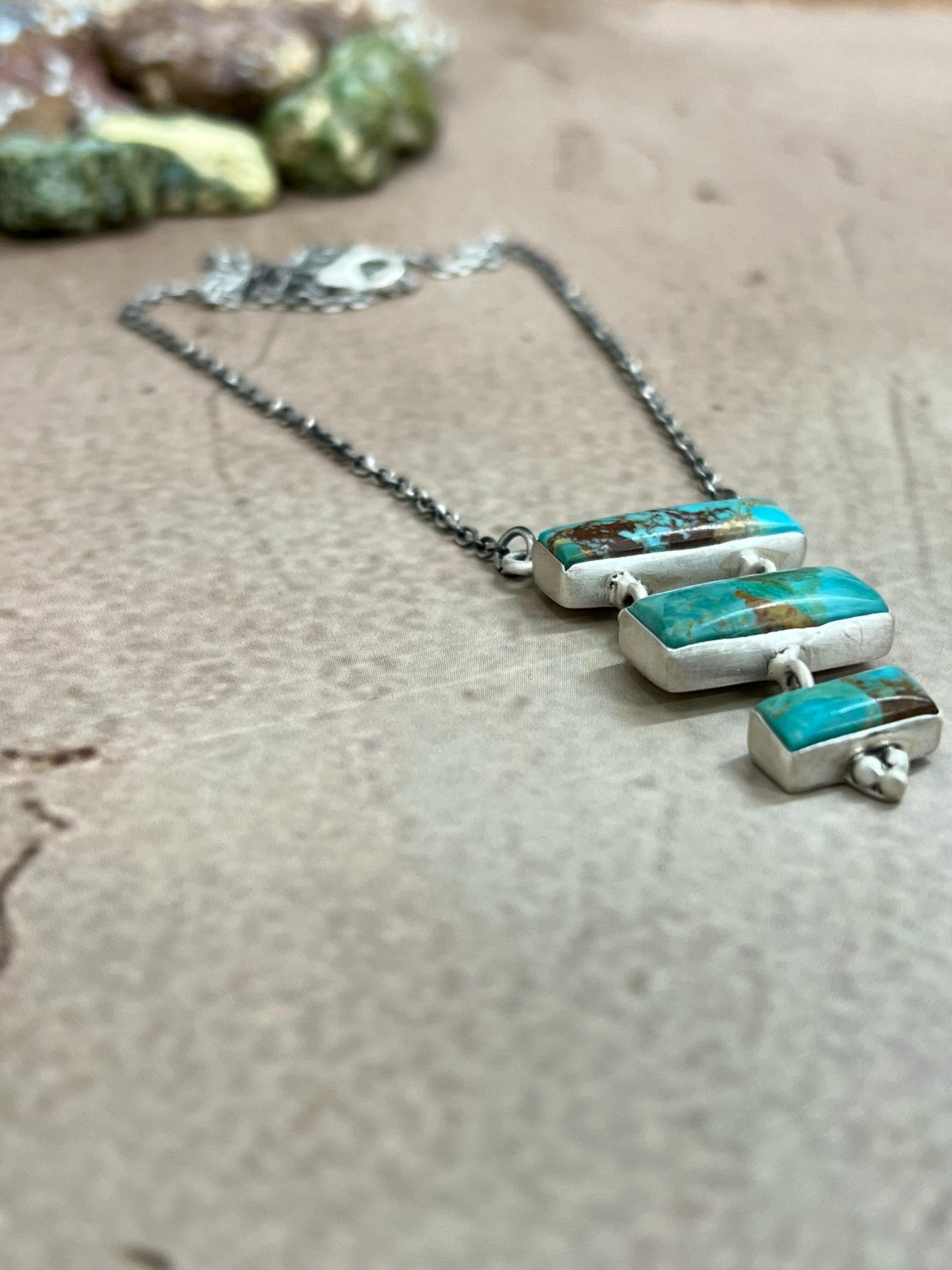Handmade Sterling Silver Kingman Turquoise Necklace with Signed Nizhoni