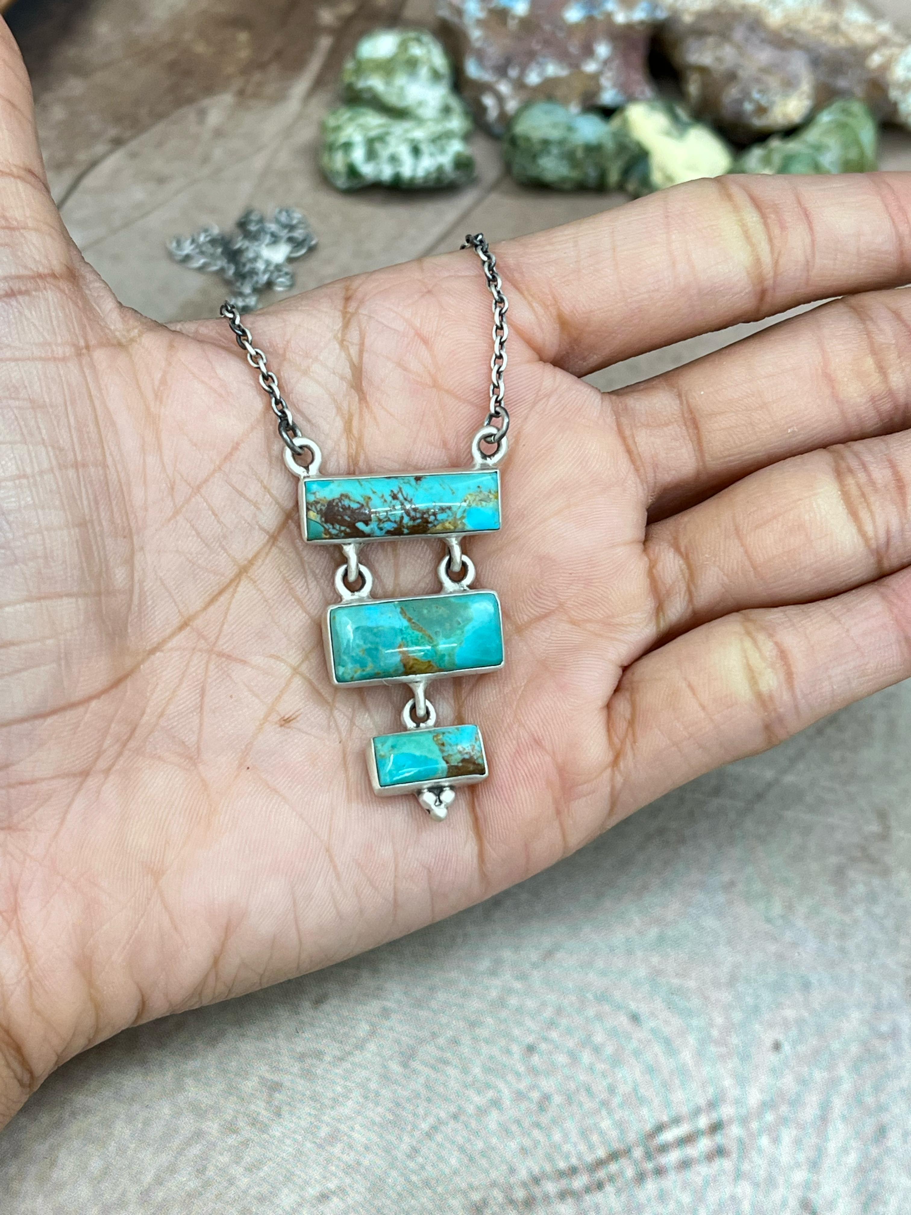 Handmade Sterling Silver Kingman Turquoise Necklace with Signed Nizhoni