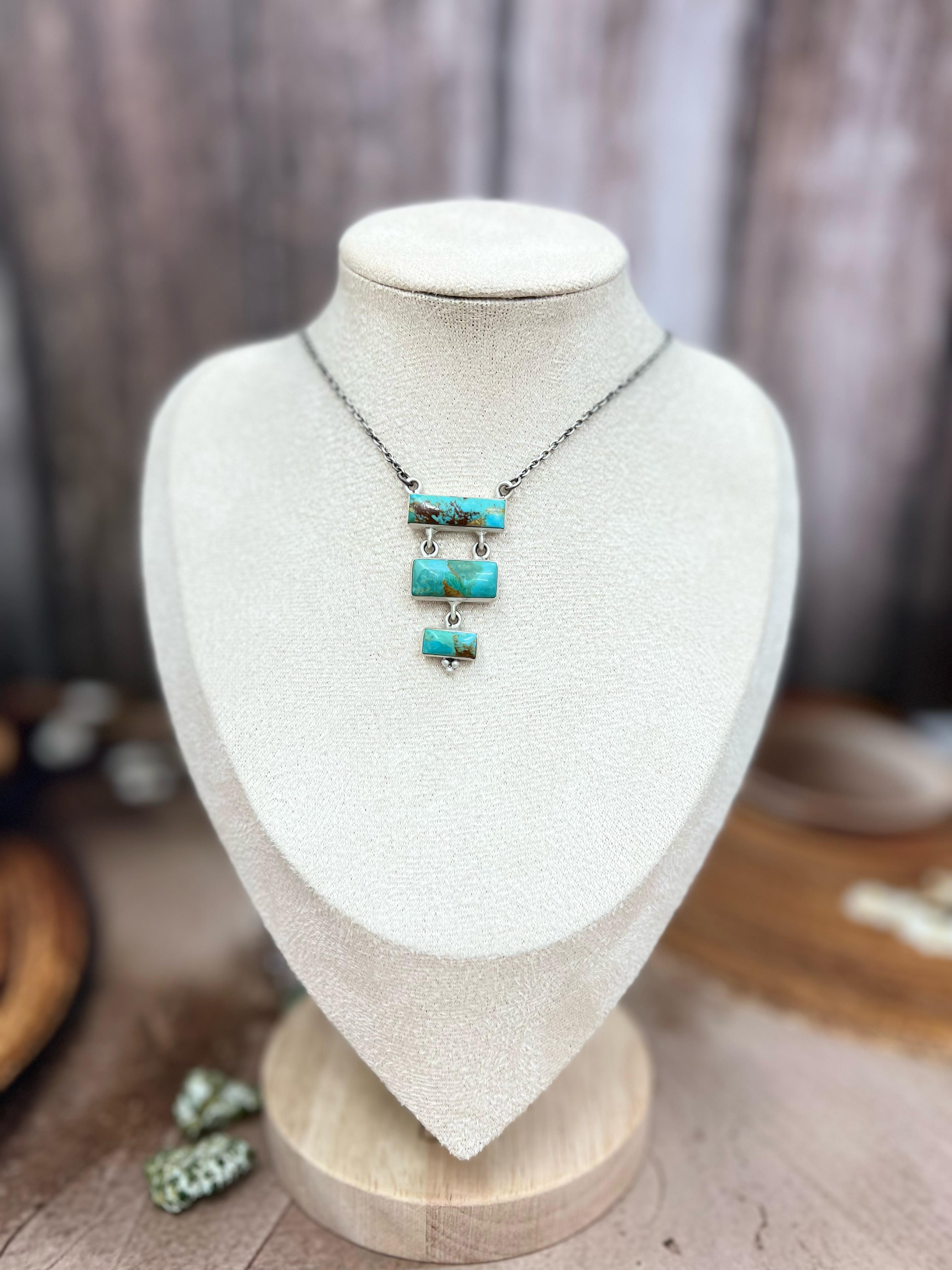 Handmade Sterling Silver Kingman Turquoise Necklace with Signed Nizhoni