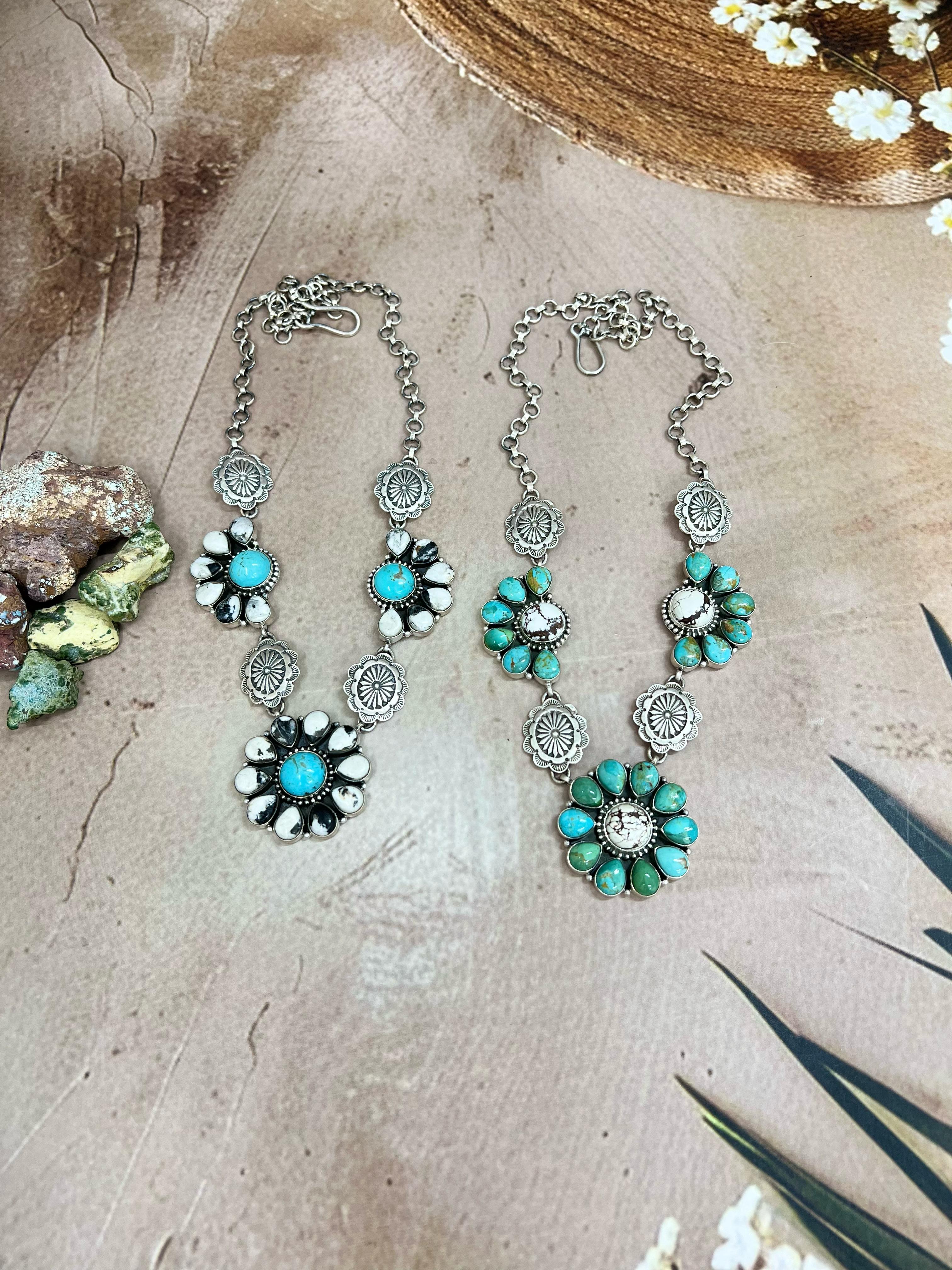 Handmade Sterling Silver Kingman with White Buffalo Turquoise, Kingman with Wild Horse Necklace with Signed Nizhoni