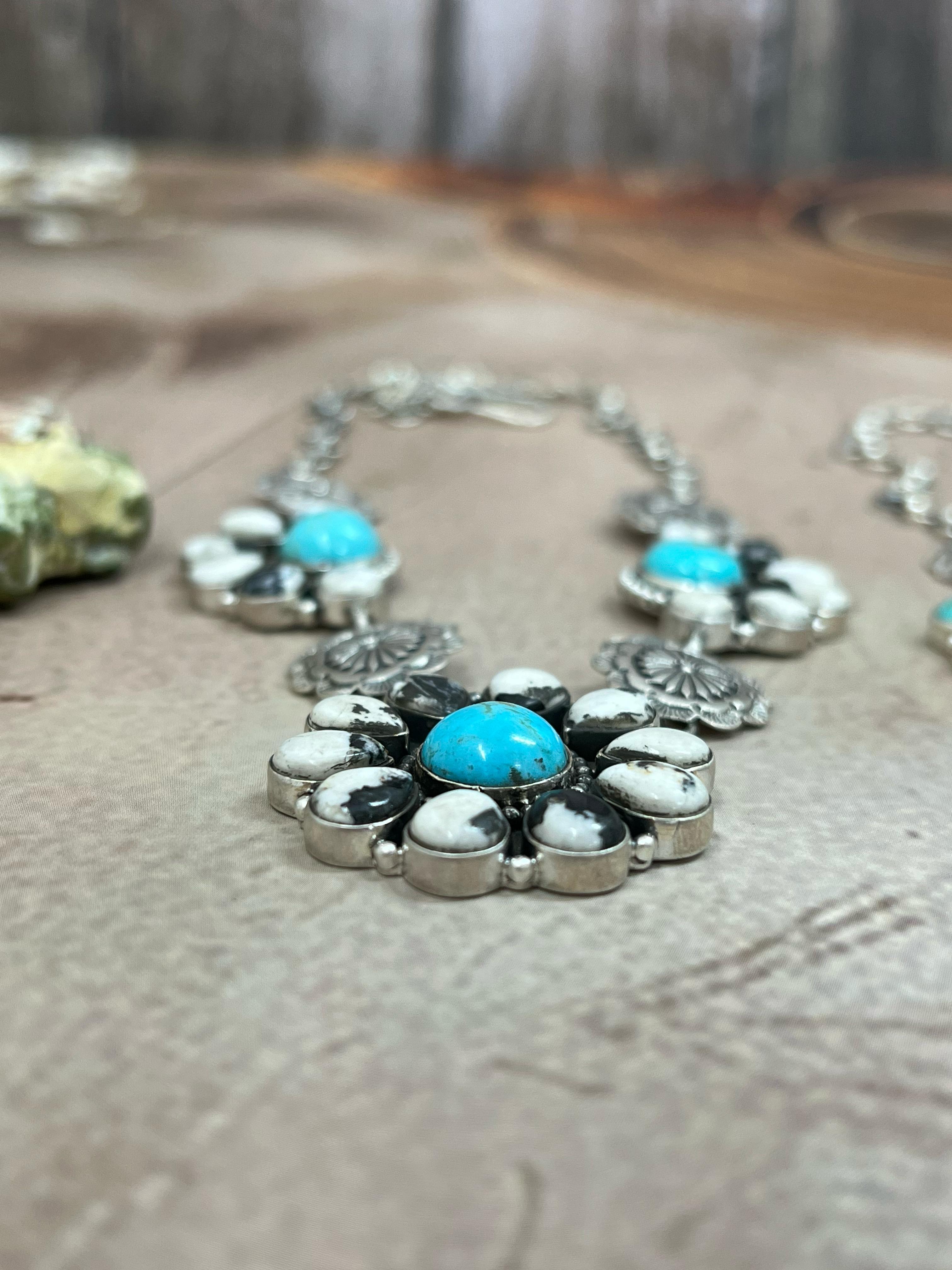 Handmade Sterling Silver Kingman with White Buffalo Turquoise, Kingman with Wild Horse Necklace with Signed Nizhoni