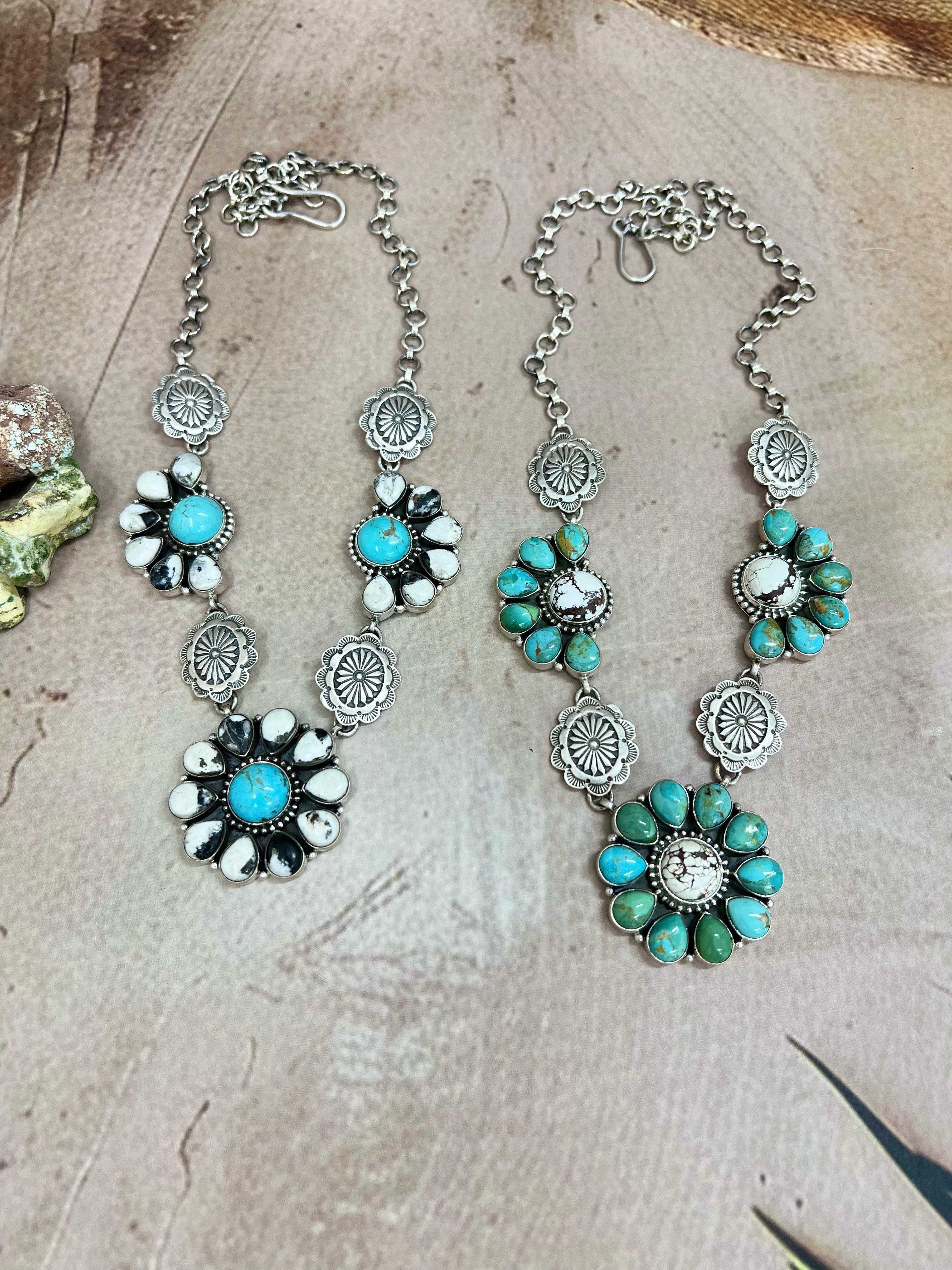 Handmade Sterling Silver Kingman with White Buffalo Turquoise, Kingman with Wild Horse Necklace with Signed Nizhoni